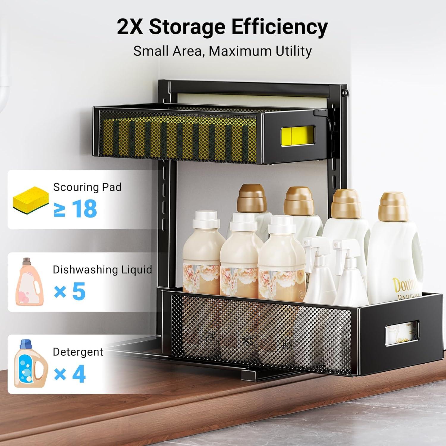 2-Tier Metal Under Sink Organizer, Pull Out Smoothly Under Kitchen Sink Organizer with Track, Large Capacity Heavy Load Under Sink Storage for Kitchen and Bathroom