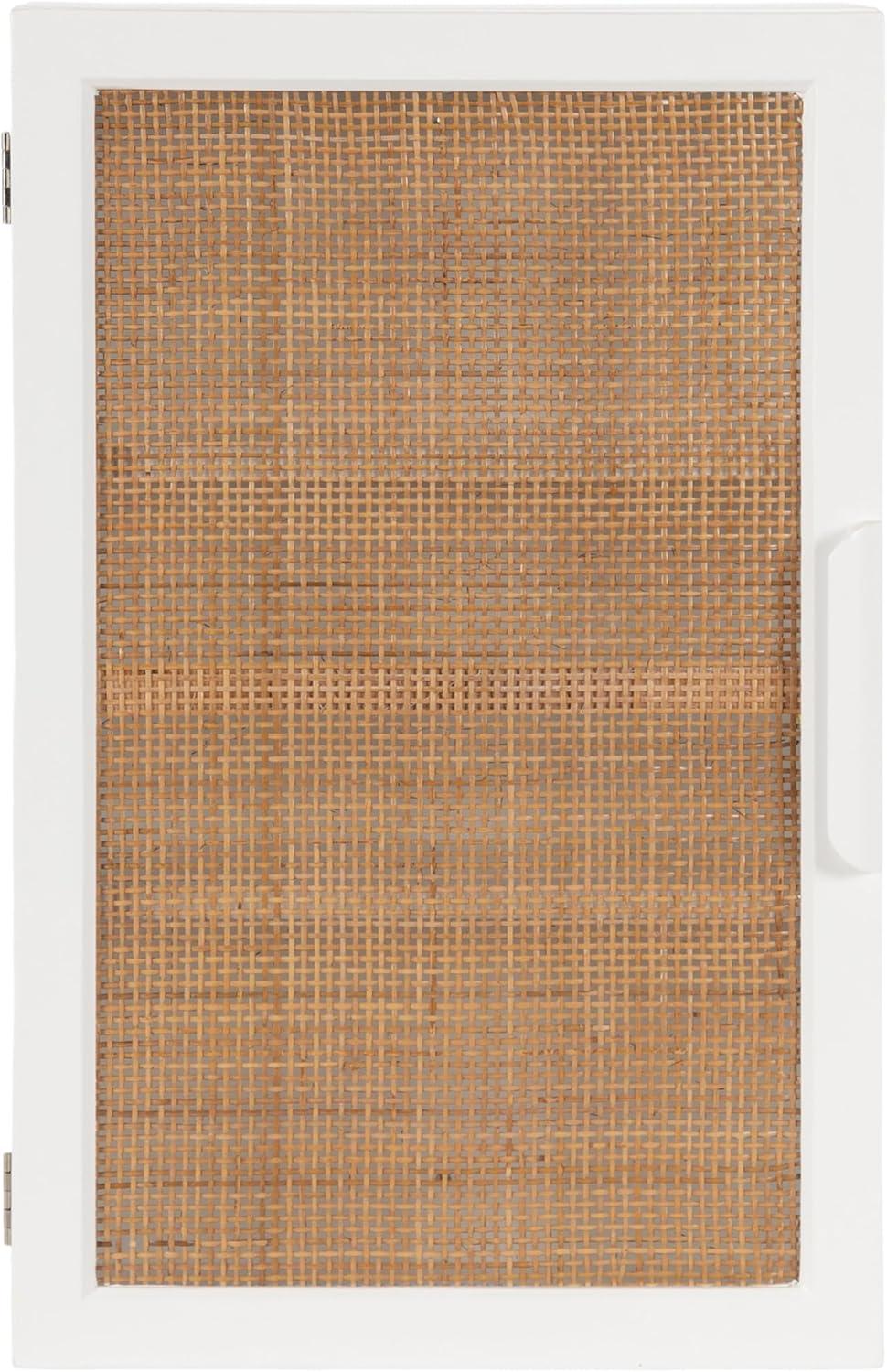 Kate and Laurel Ori Transitional Cane Wall Cabinet with Door, 15 x 7 x 24, Painted White Wood and Natural Rattan, Decorative Rattan Over the Toilet Cabinet with Three Shelves for Decor and Display