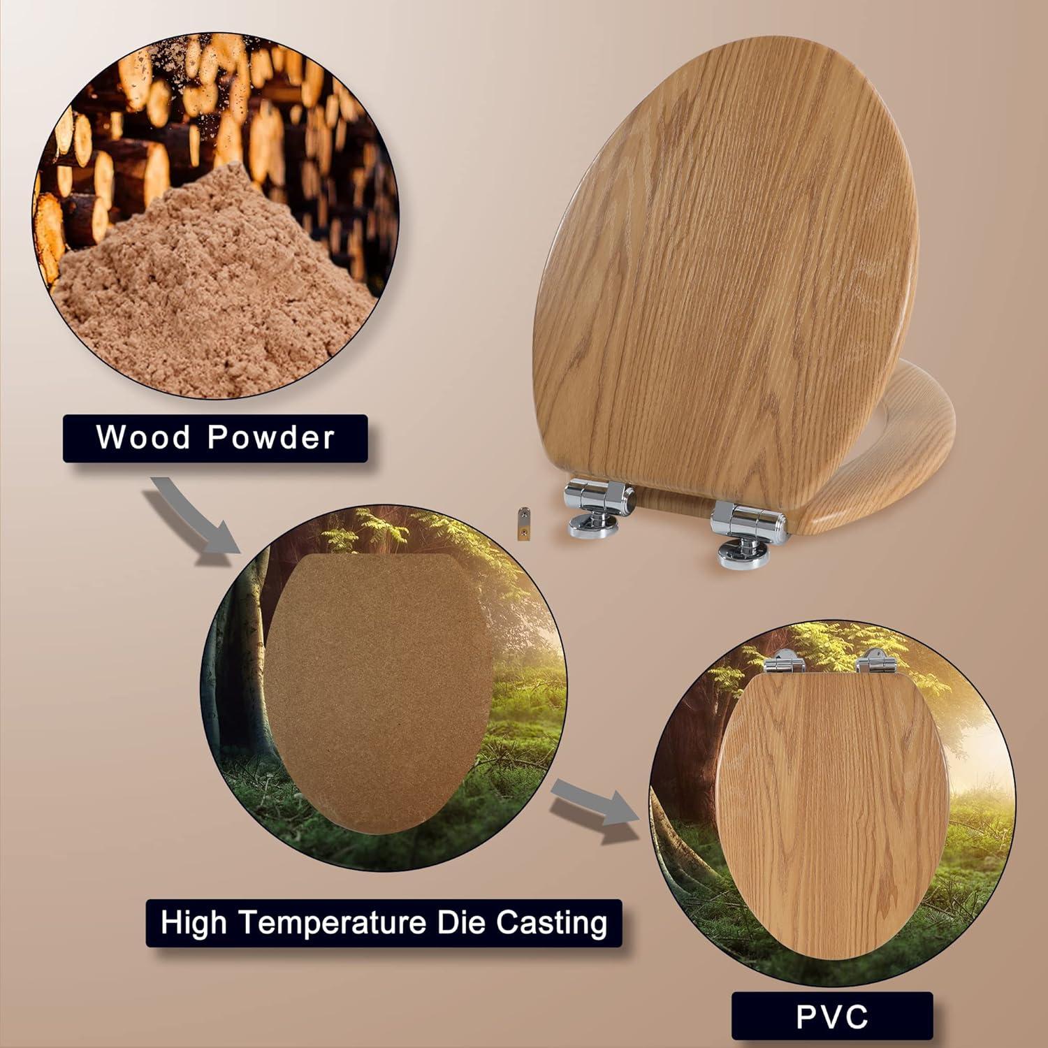 Round Natural Wood Toilet Seat with Slow Close Hinges