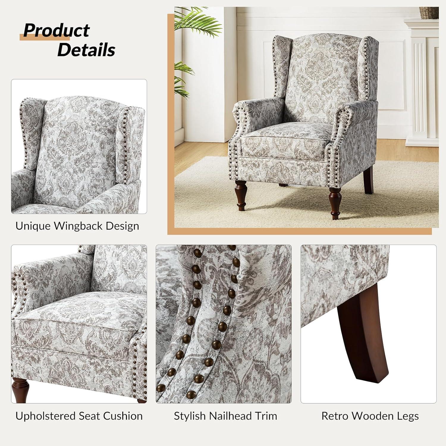 Beige Floral Pattern Wingback Accent Chairs with Wooden Legs