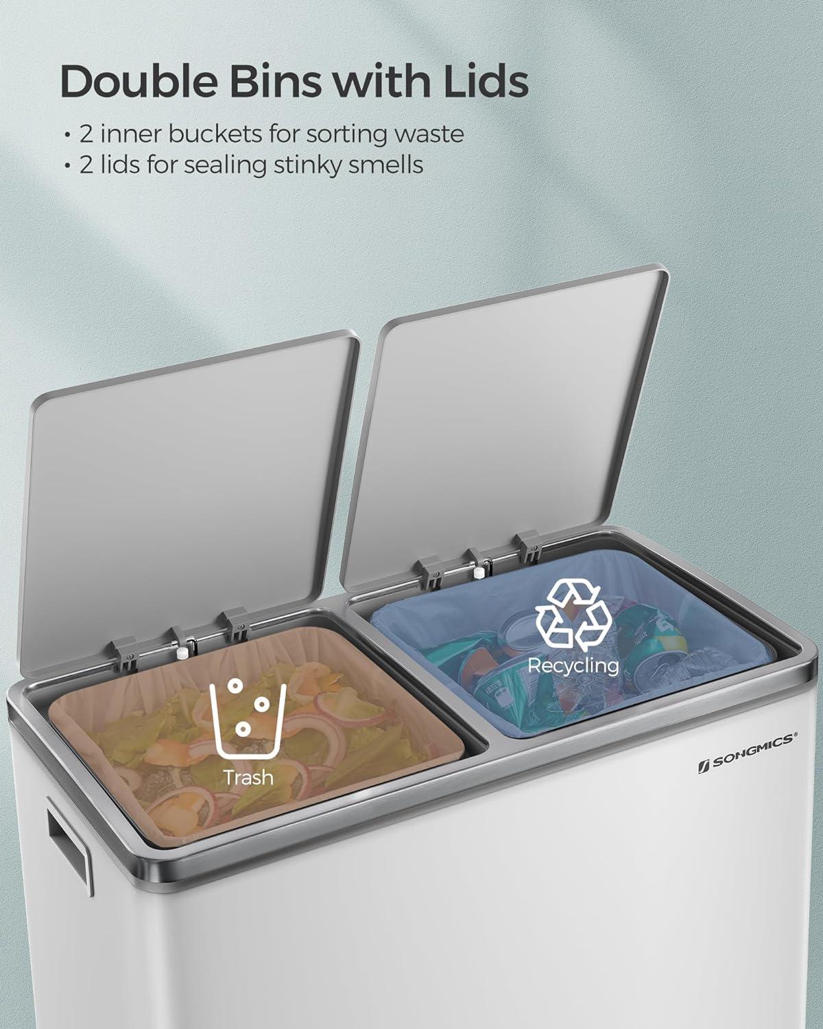 Songmics 2 x 8 Gallon Stainless Steel Multi-Compartments Trash Can with 15 trash bags