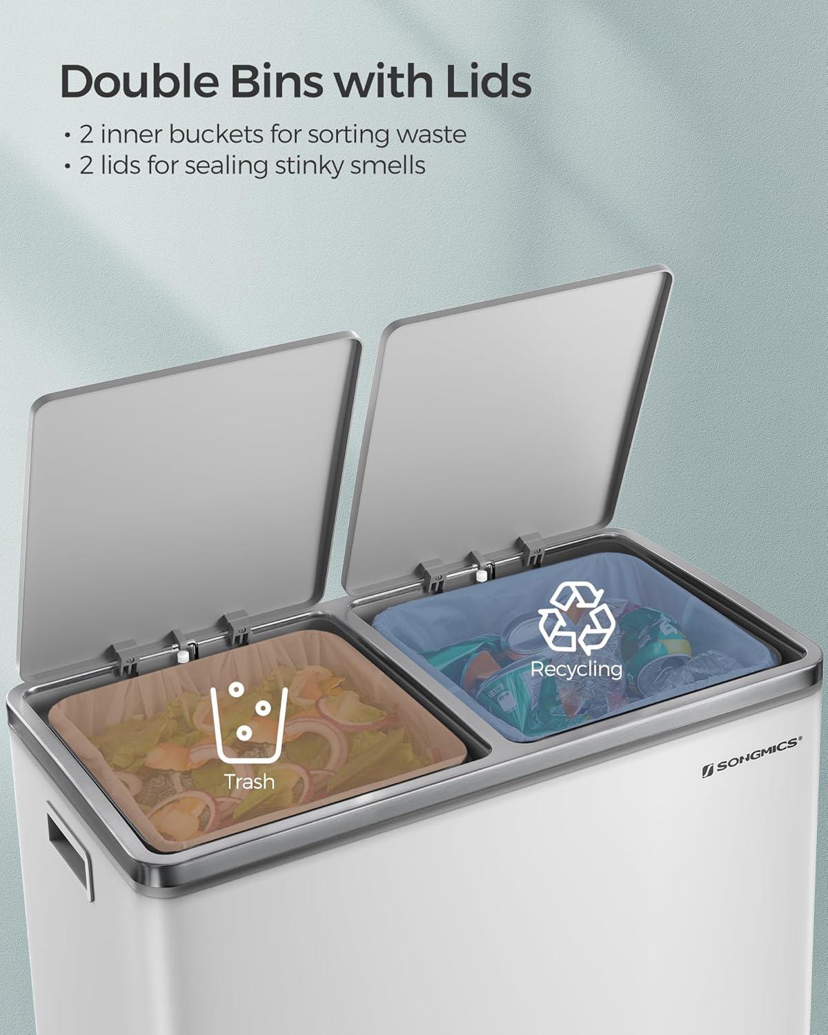 Songmics 2 x 8 Gallon Stainless Steel Multi-Compartments Trash Can with 15 trash bags