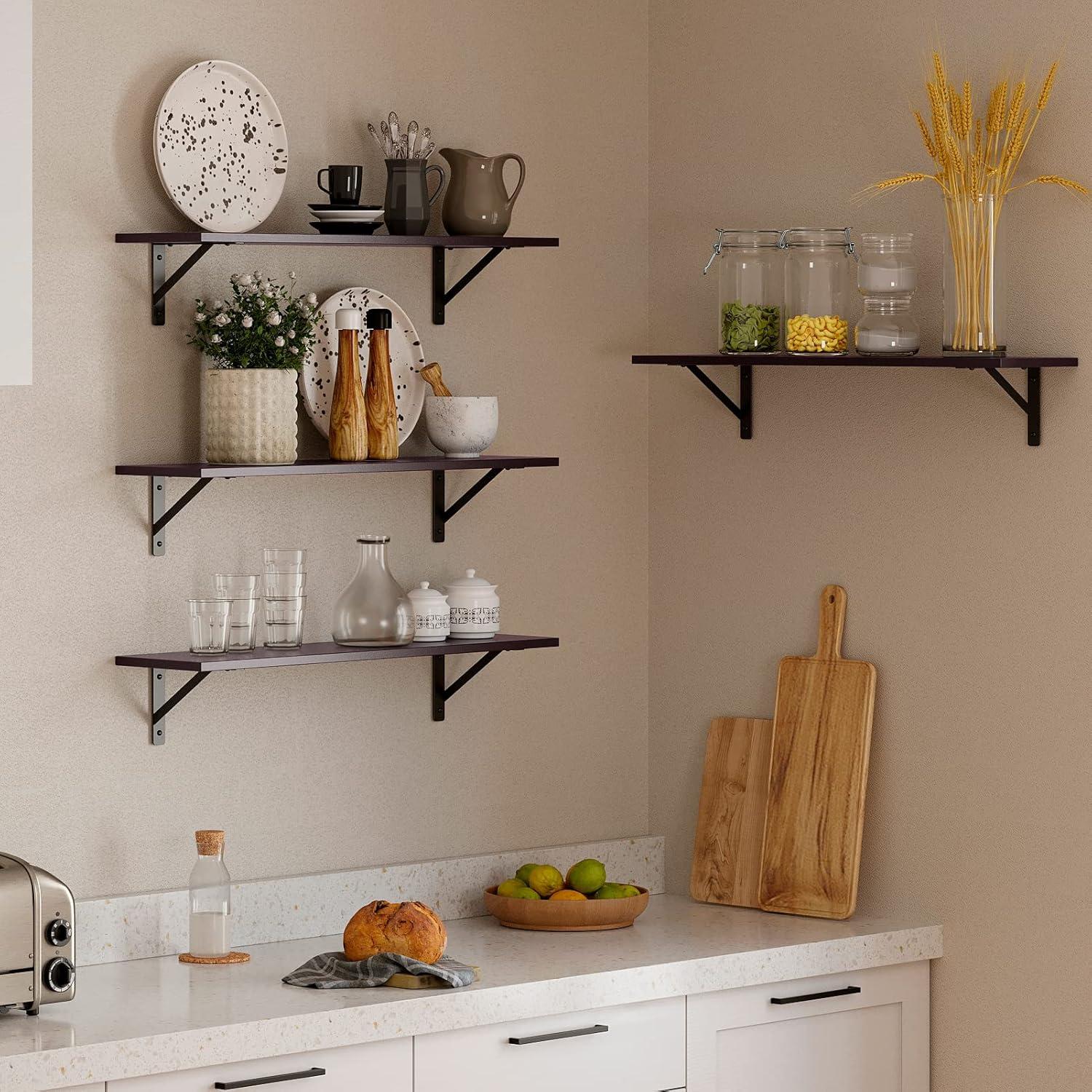 Espresso Wood Floating Wall Shelves with Metal Brackets, 31.5 Inch