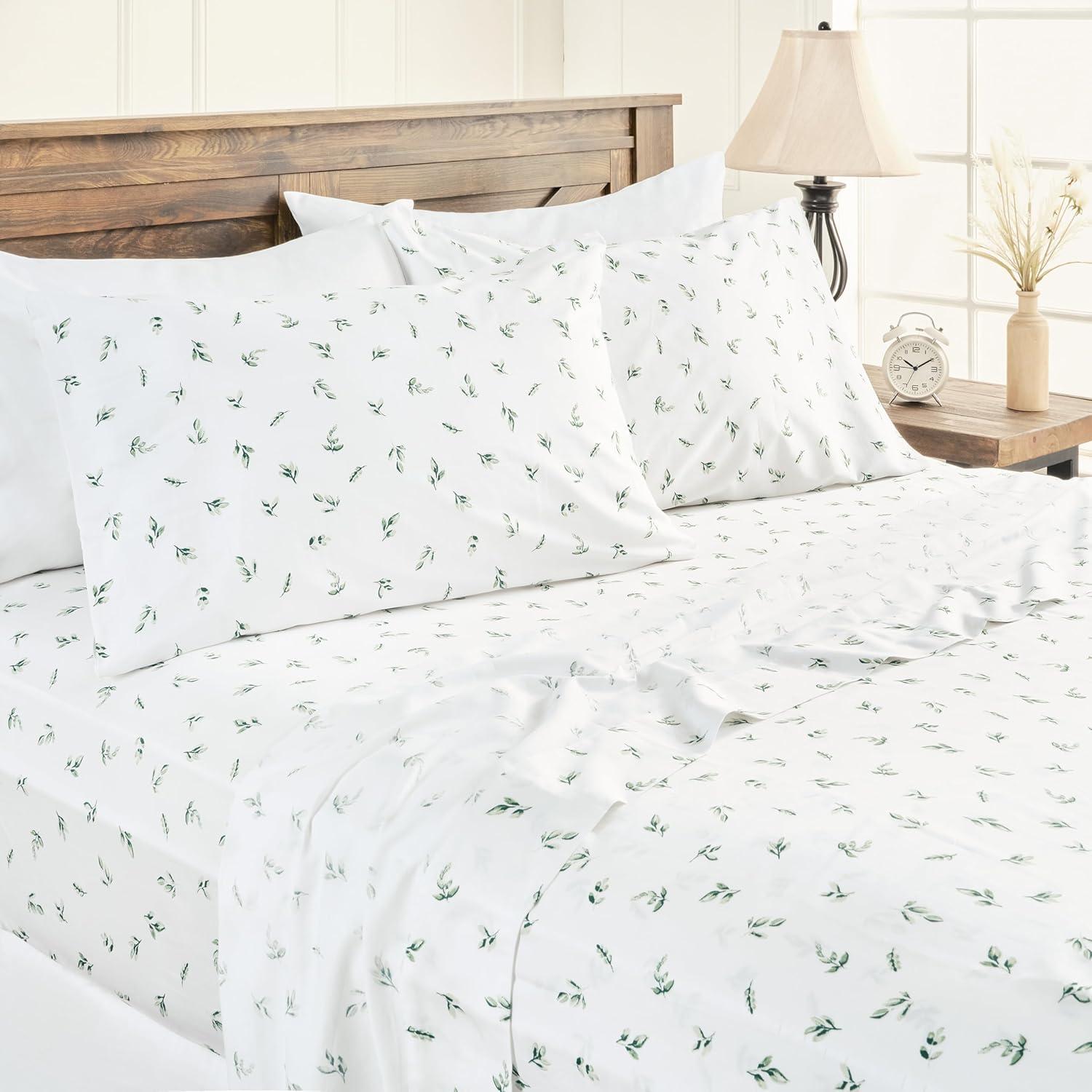 Elegant Cotton 100% Organic Cotton Printed Sheet Set - 4-Piece Set - Green Leaves, King Size