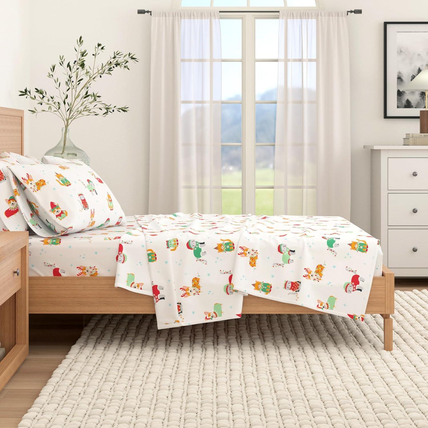 100% Cotton Christmas Flannel Sheets - Great Bay Home (Queen, Dog Cat Christmas)