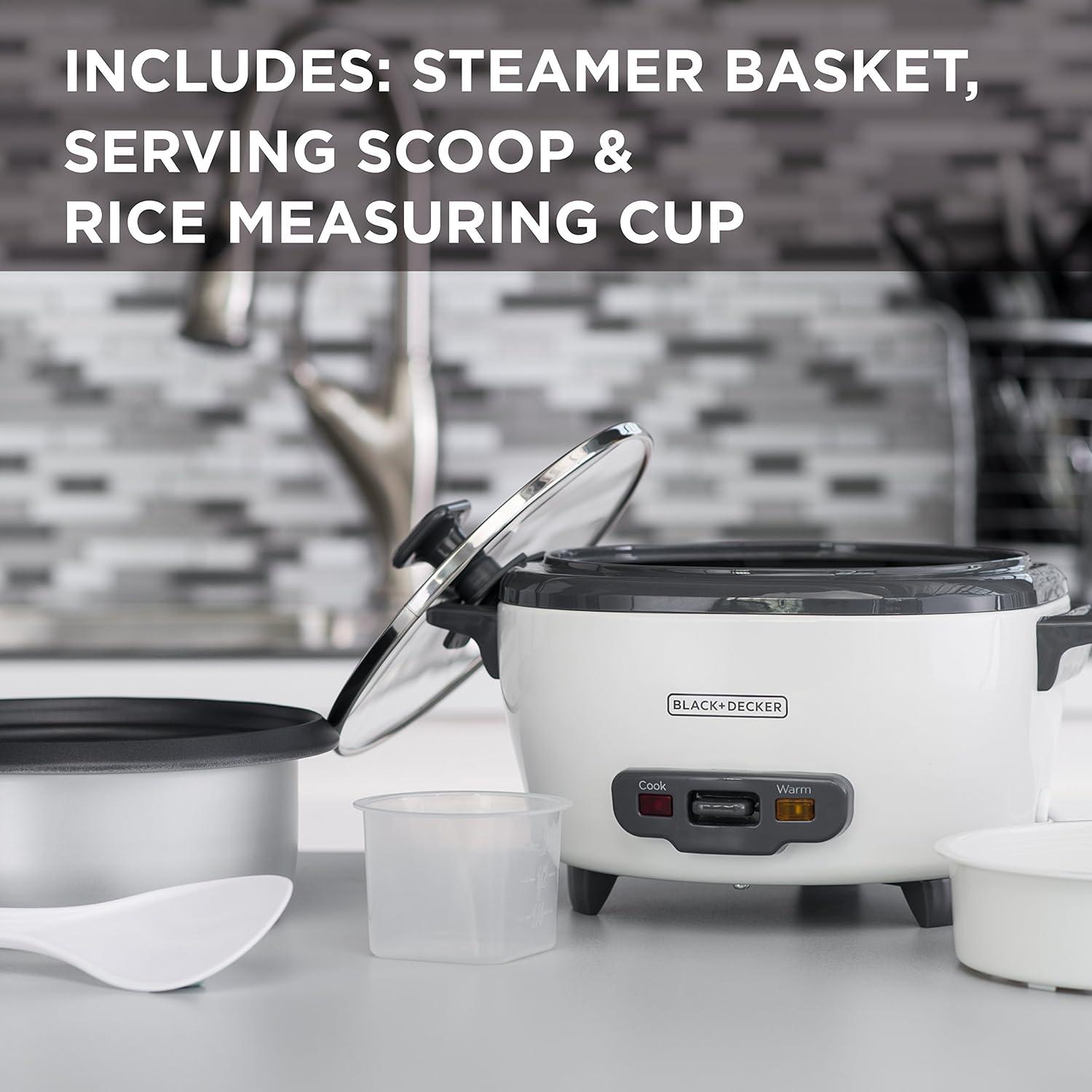 BLACK+DECKER 6-Cup Rice Cooker, RC506, 3-cup Uncooked Rice, Steaming Basket, Removable Non-Stick Bowl, One Touch