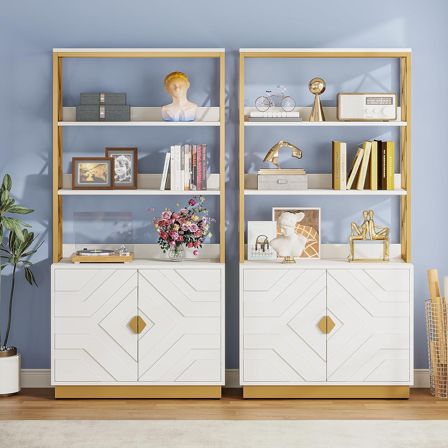 Tribesigns 71" Tall Etagere Bookcase with 3 Shelves 2 Cabinets, White and Gold Bookshelf with Doors, Modern Open Display Bookshelf for Living Room Bedroom Office