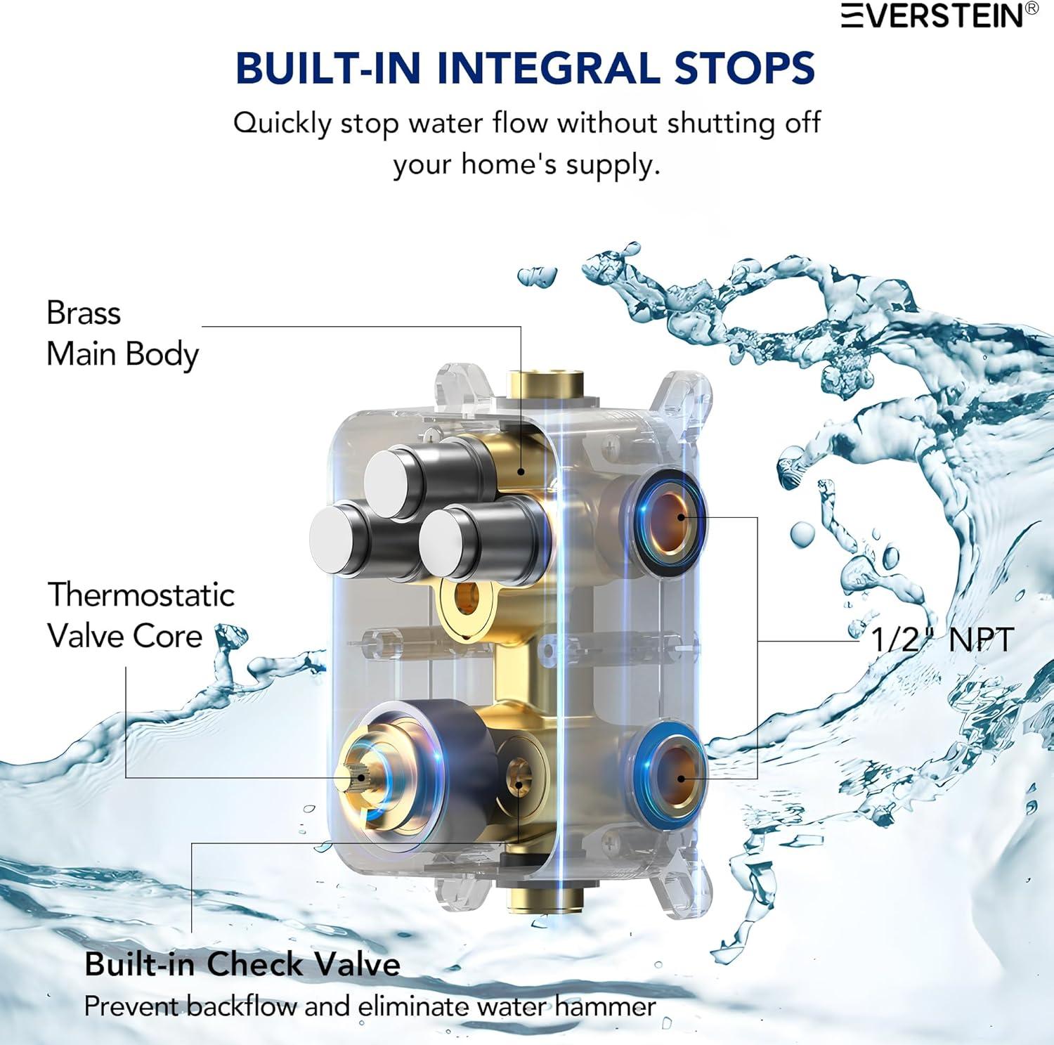 EVERSTEIN Thermostatic Rainfall Shower Faucet, 12-Inch High-Pressure Dual Showerheads System with Rough-In Valve SFS1007-NK12