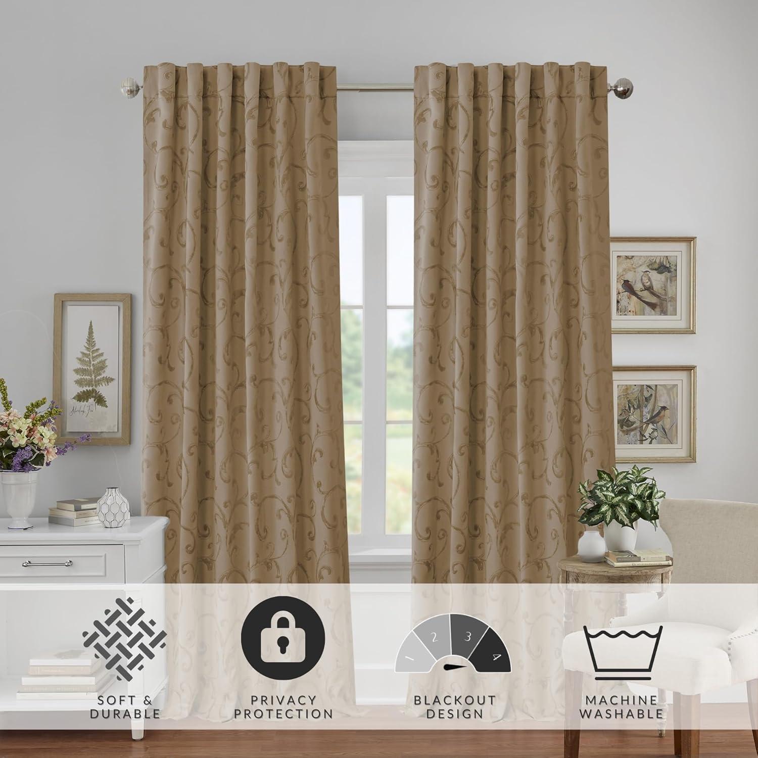 Mia Jacquard Scroll Blackout Window Curtain Panel - 52" x 95" - Taupe - Elrene Home Fashions