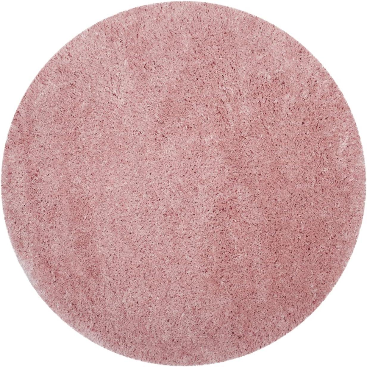 Round Light Pink Shag Synthetic Easy Care Area Rug