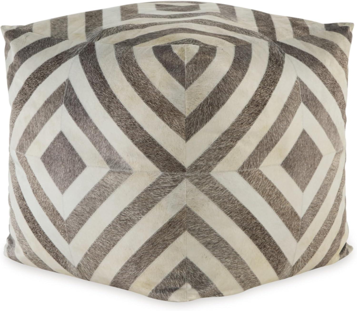 Beige and White Geometric Patterned Polyester Pouf