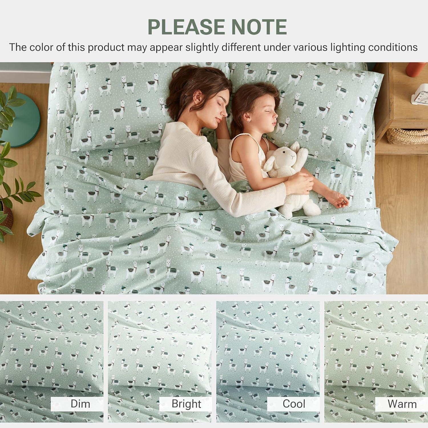 Sleep Philosophy True North Cozy Flannel Warm 100% Cotton Sheet - Novelty Print Animals Stars Cute Ultra Soft Cold Weather Bedding Set, Full, Seafoam Llama 4 Piece