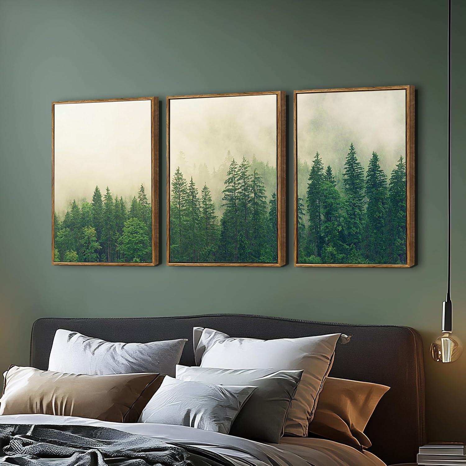 Misty Forest Landscape Green Pine Tree Nature Modern Pictures Framed Canvas 3 Pieces Print Wall Art