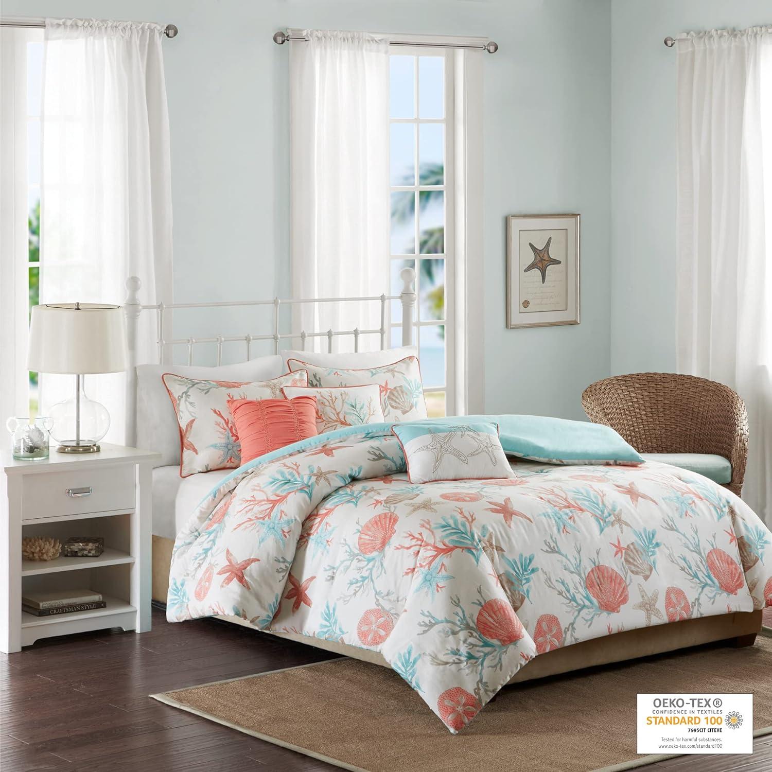 Coral and Teal Coastal Cotton Duvet Cover Set, Full/Queen, 6 Pieces