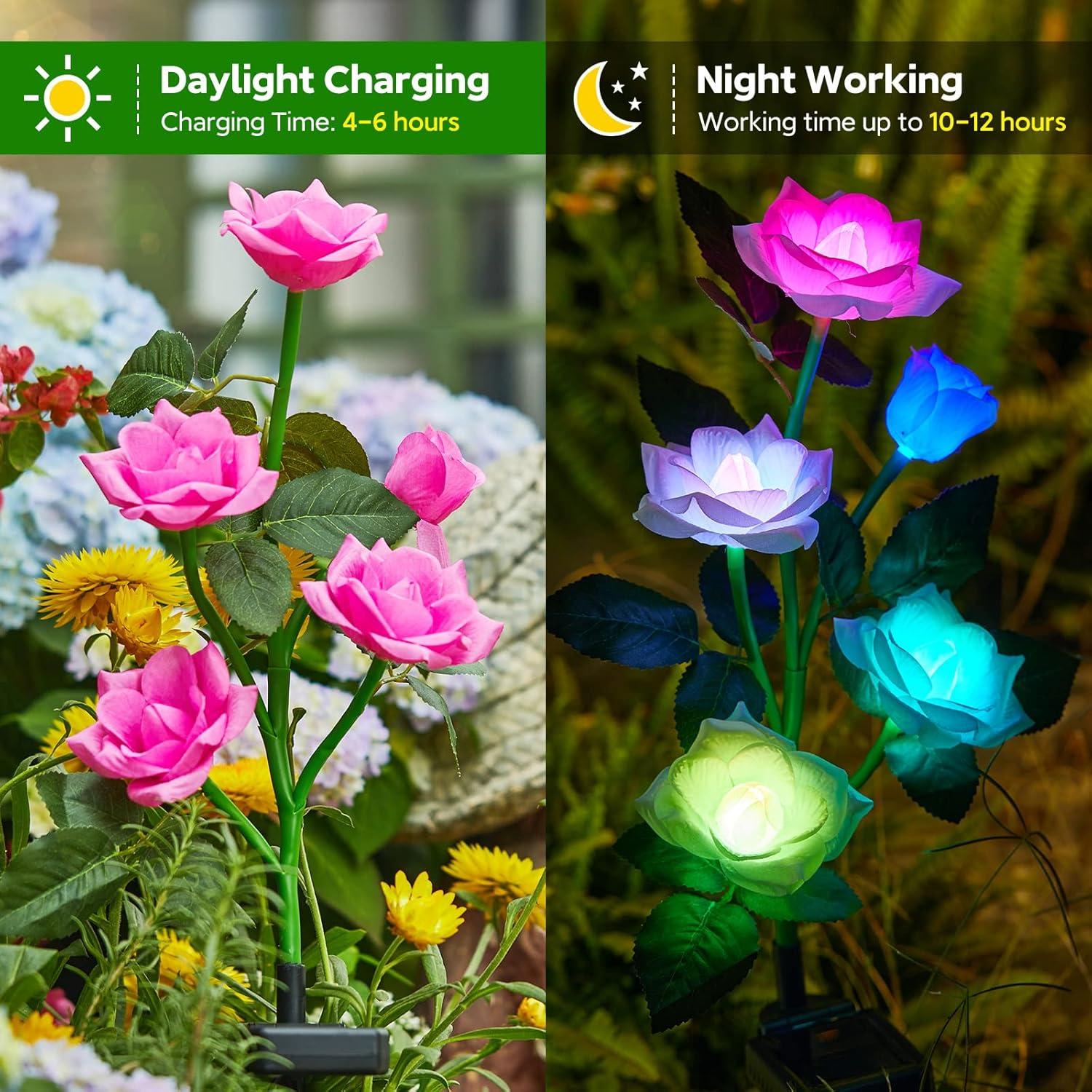 Multicolor LED Solar Garden Lights with Fabric Rose Flowers