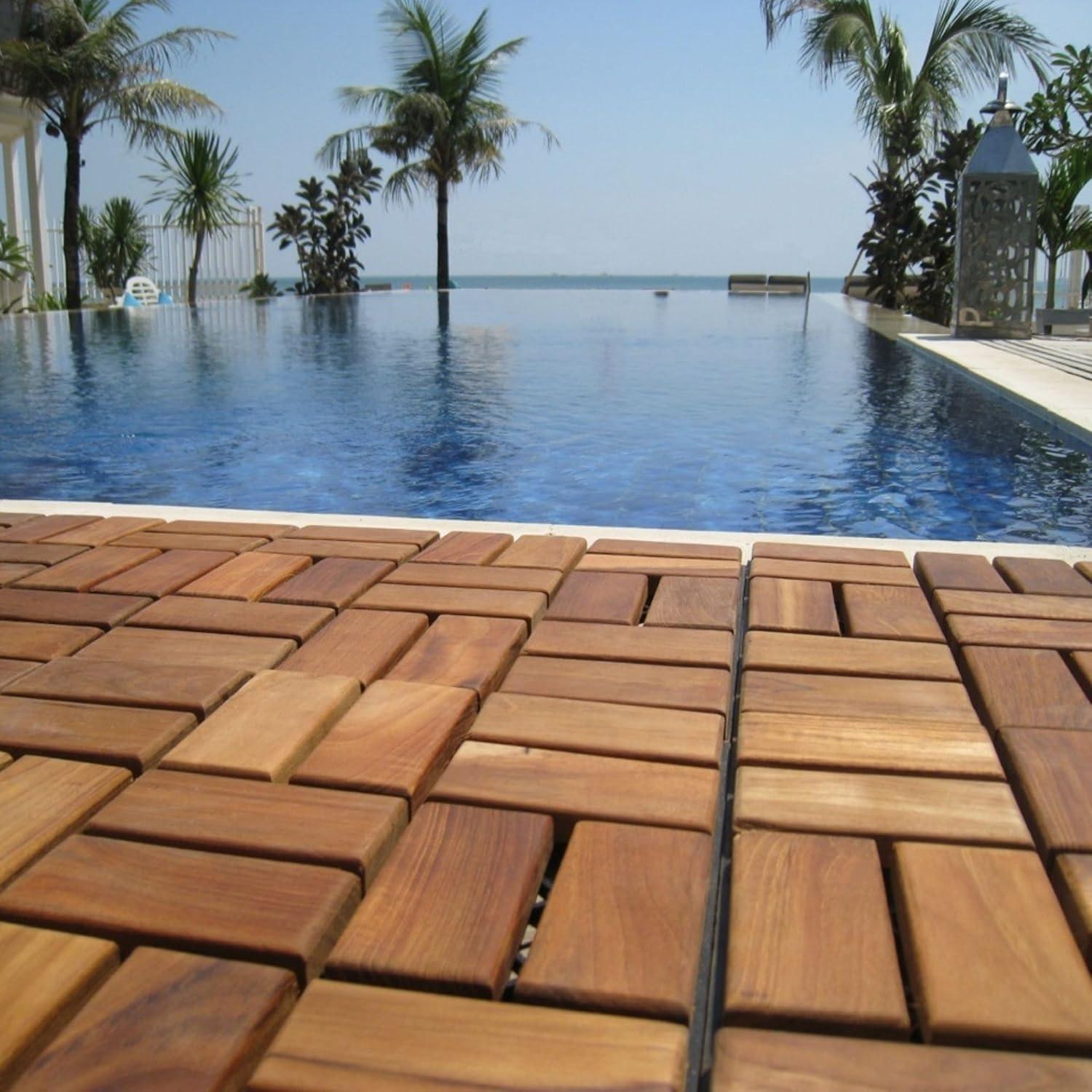 Nordic Teak (10 sq ft) Oiled Teak Outdoor Interlocking Floor Tiles, 12 Slat - Brown