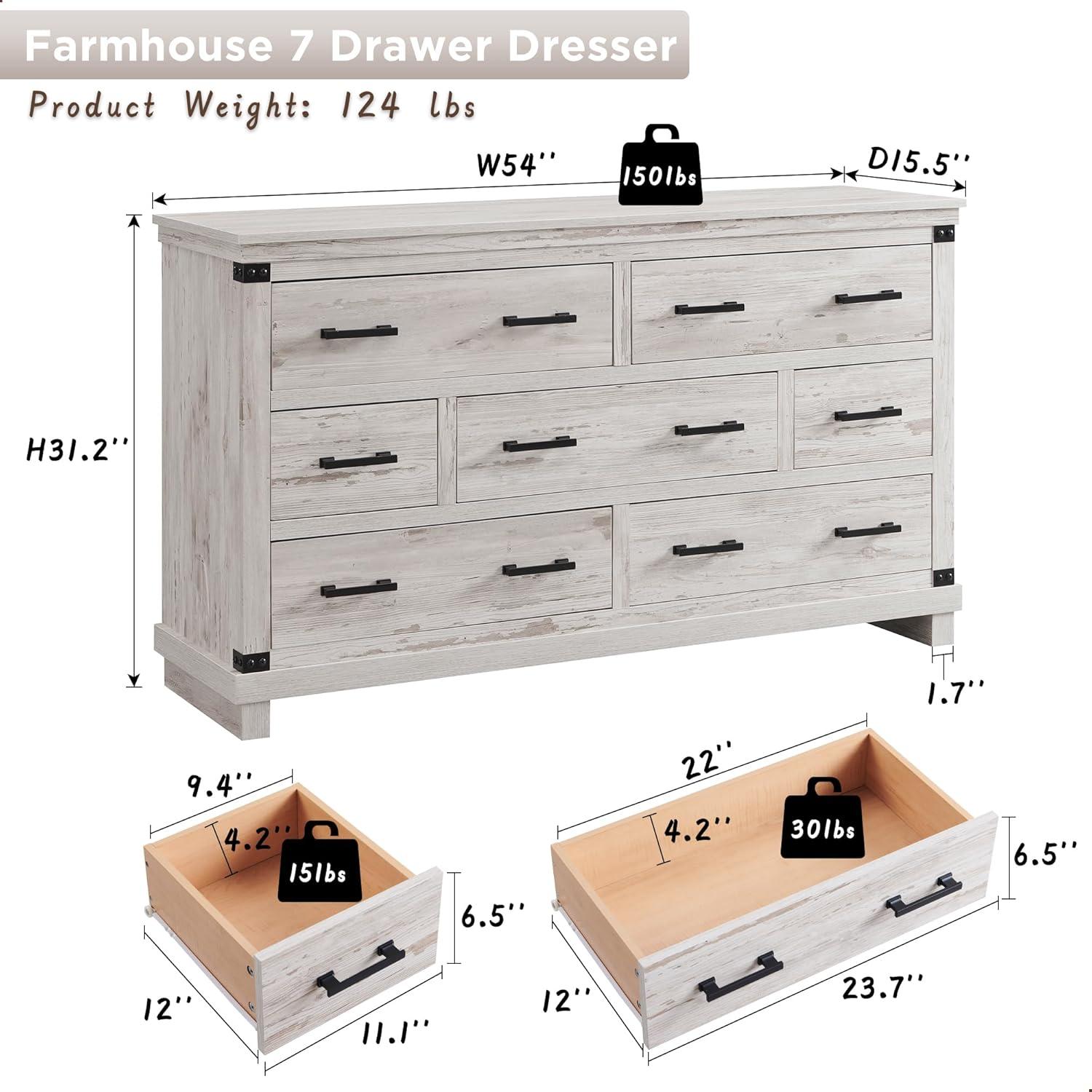 Farmhouse 7 Drawers Dresser for Bedroom, Wood Large Chest of Drawers with Thick Plank Styling, Rustic Closet Dresser for Bedroom, Living Room, Antique Brush White Color