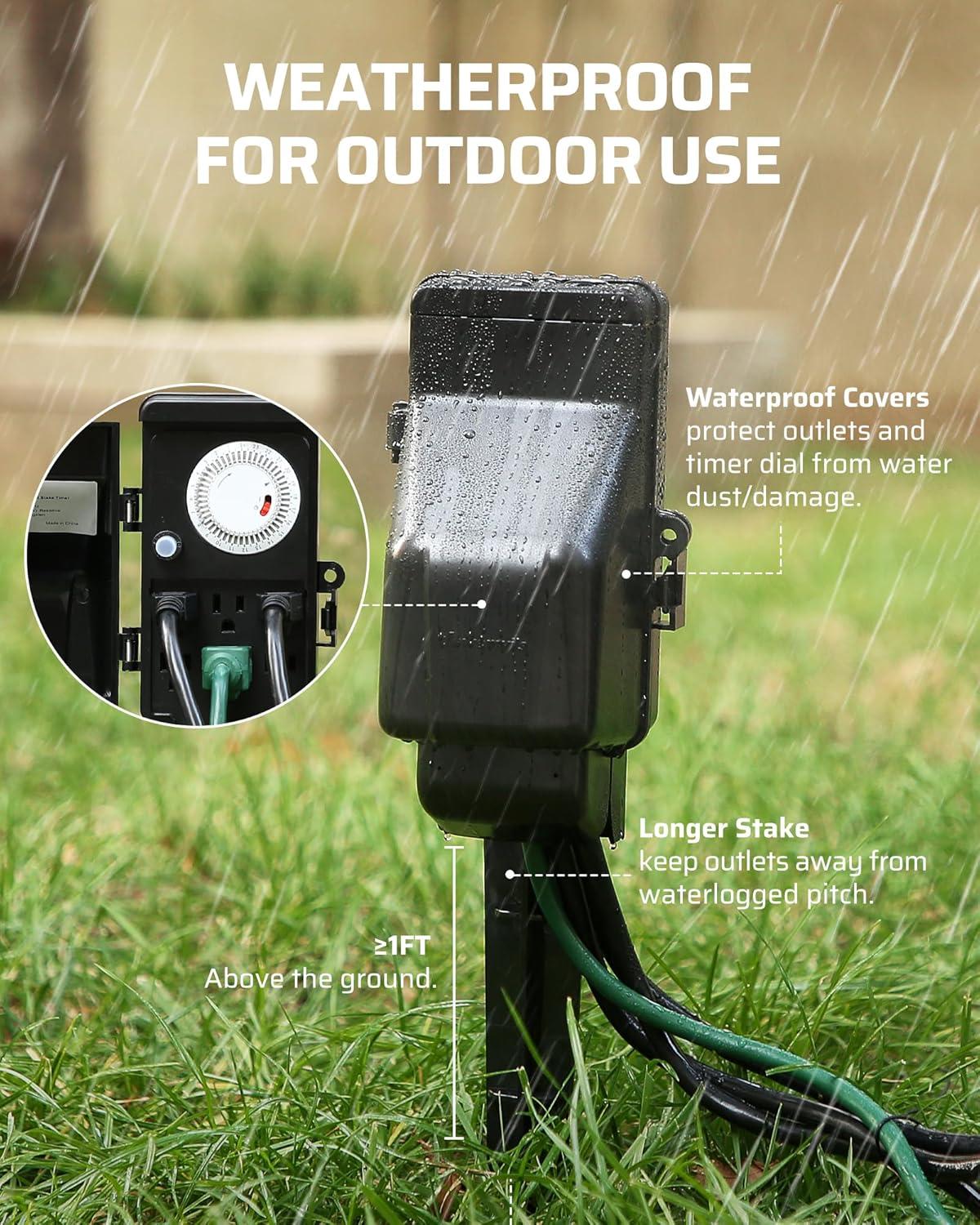 DEWENWILS Mechanical Outdoor Power Stake Timers for 6 Outlets, 6FT Extension Cords, Garden Power Strip Stake Timers for for Holiday/Christmas Decor, Lights, 24 Hour Multi Socket Timer,1800W/15A
