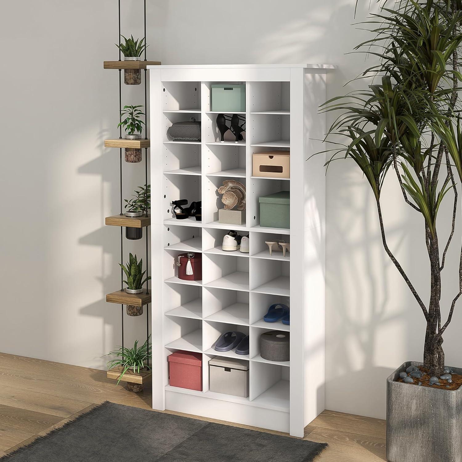 White Tall Narrow Shoe Cabinet with Adjustable Shelves