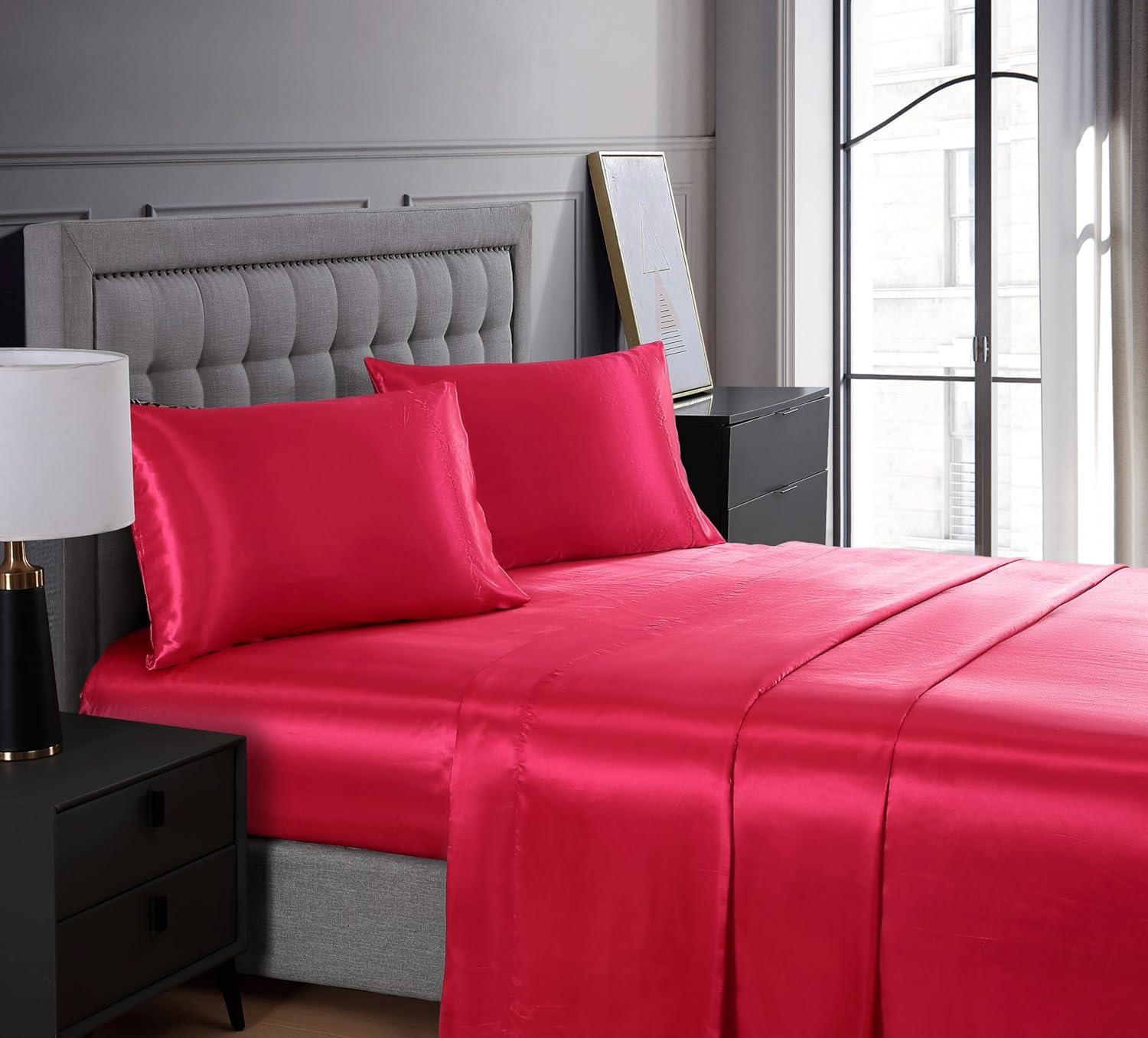 Luxurious Red Satin Polyester Full Sheet Set