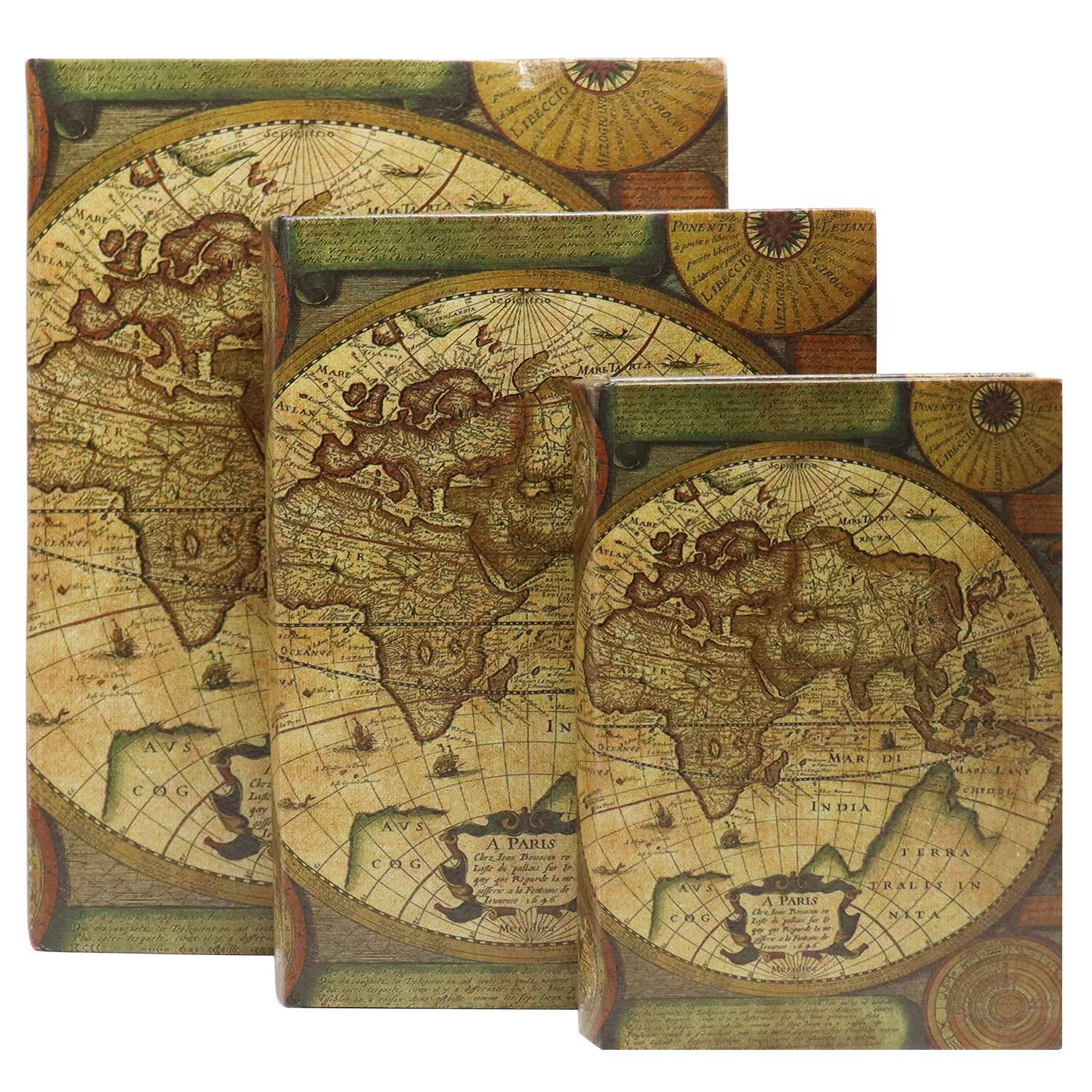 Jolitac Decorative Book Boxes World Map Pattern Antique Book Invisible box with Magnetic cover, Faux Wood Set of 3 Storage Set (Map)