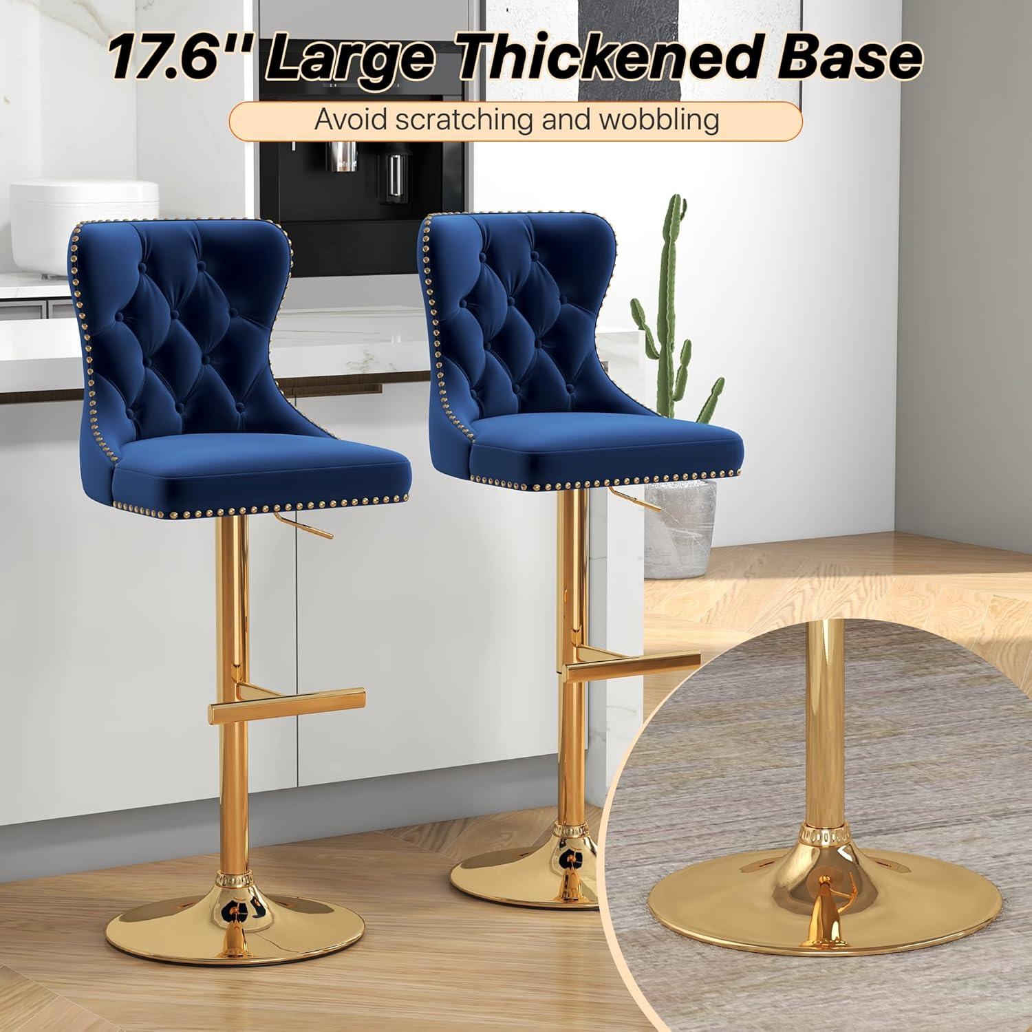 Swivel Bar Stools Set of 2, Height Adjustable Dining Chairs with Rivets, Button Tufted Back and Metal Footrest, Velvet Upholstered Side Chairs, Armless Chairs for Dining Room Bar Kitchen Island