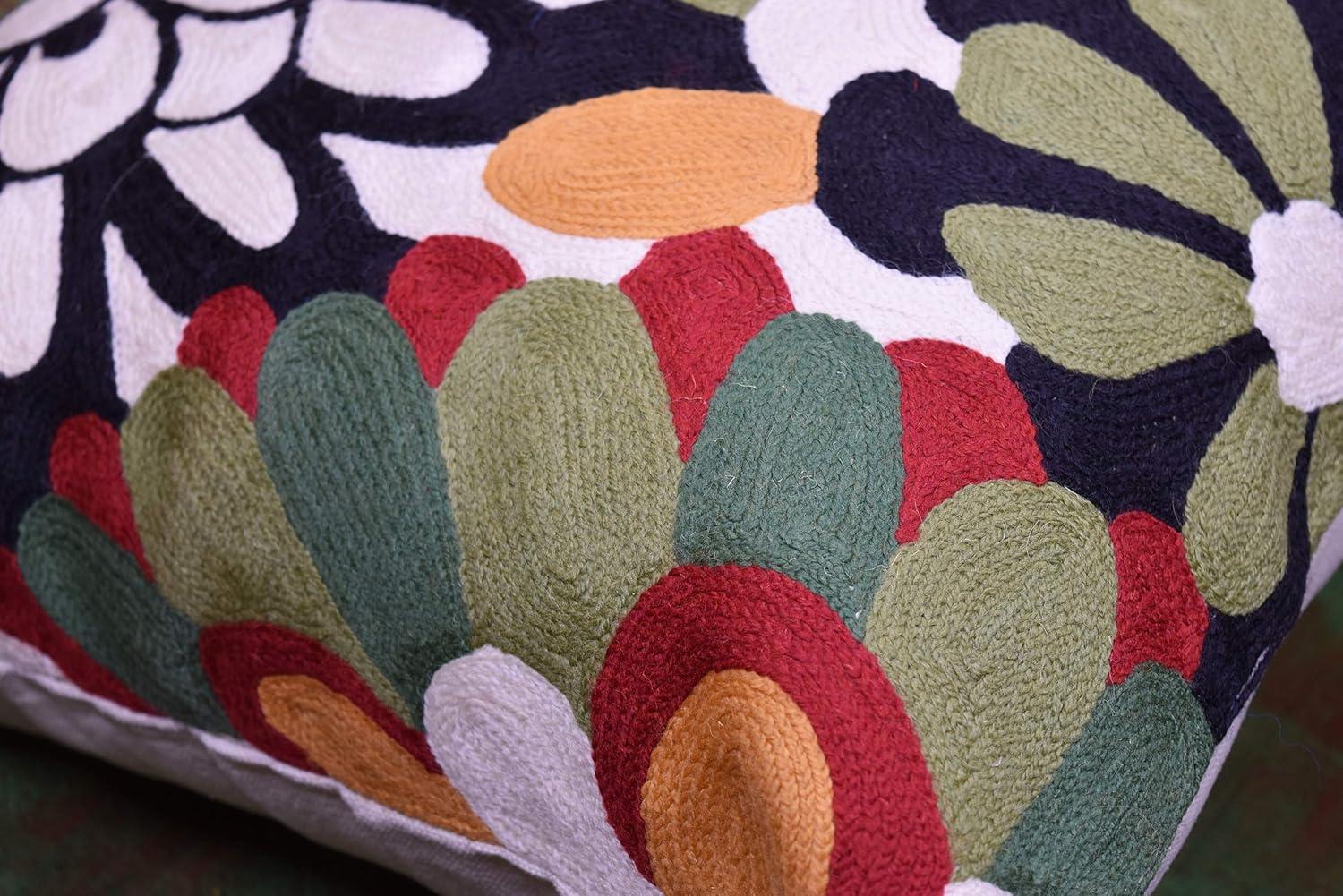 Modern Cream Decorative Floral Pillow Cover Needlepoint White Flower Hand Embroidered Pillowcase Flowery Outdoor Suzani Accent Cushion Boho Chair Modern Chair Pillowsham Wool Size 18x18