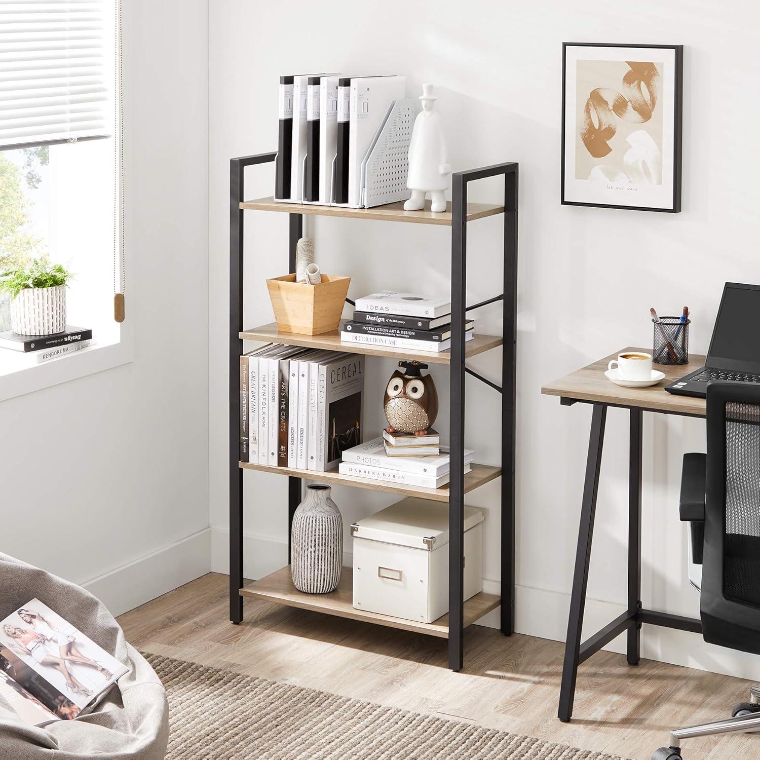 Greige and Black 4-Tier Industrial Bookshelf with Steel Frame