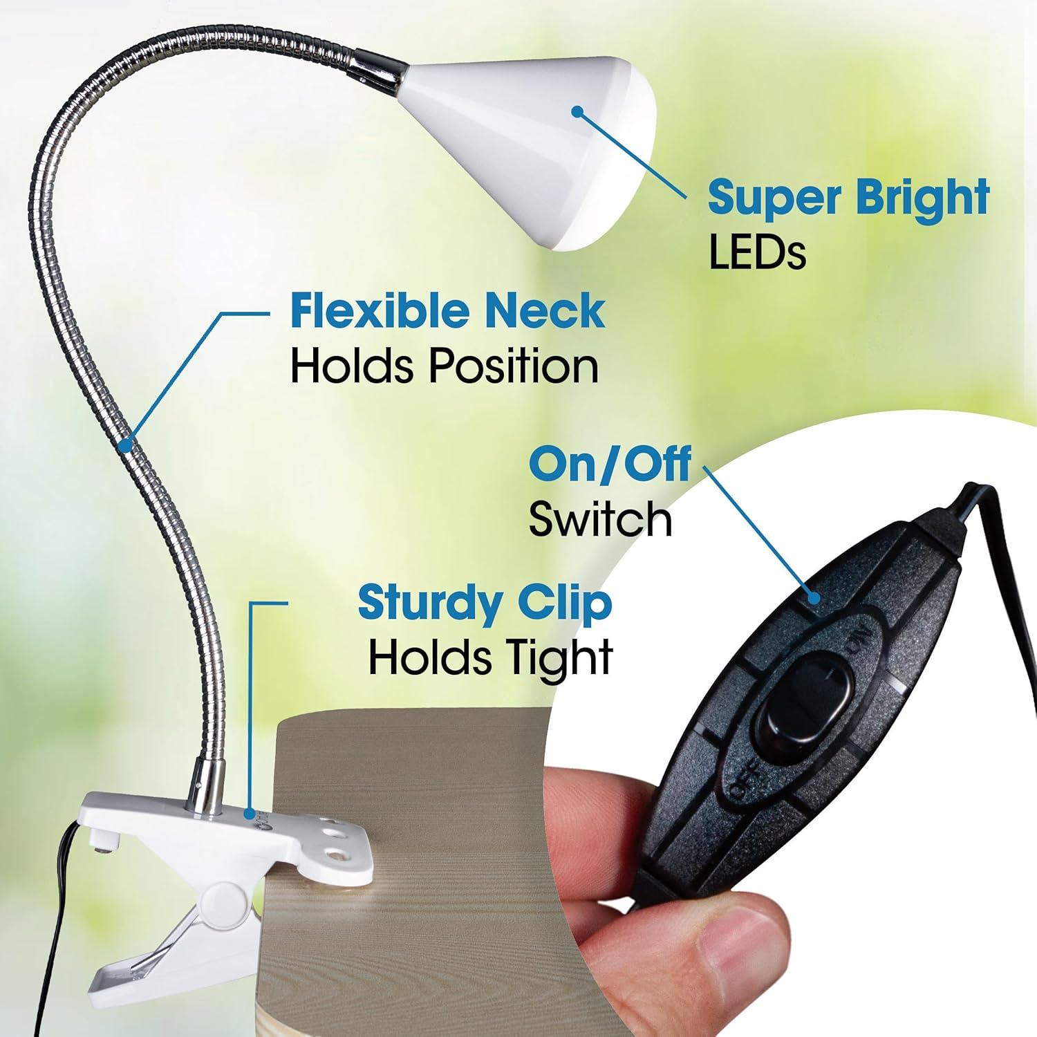 OttLite LED Cone Clip Lamp | Task Lamp, Desk Lamp | Sturdy Clip, Flexible Neck | White and Silver