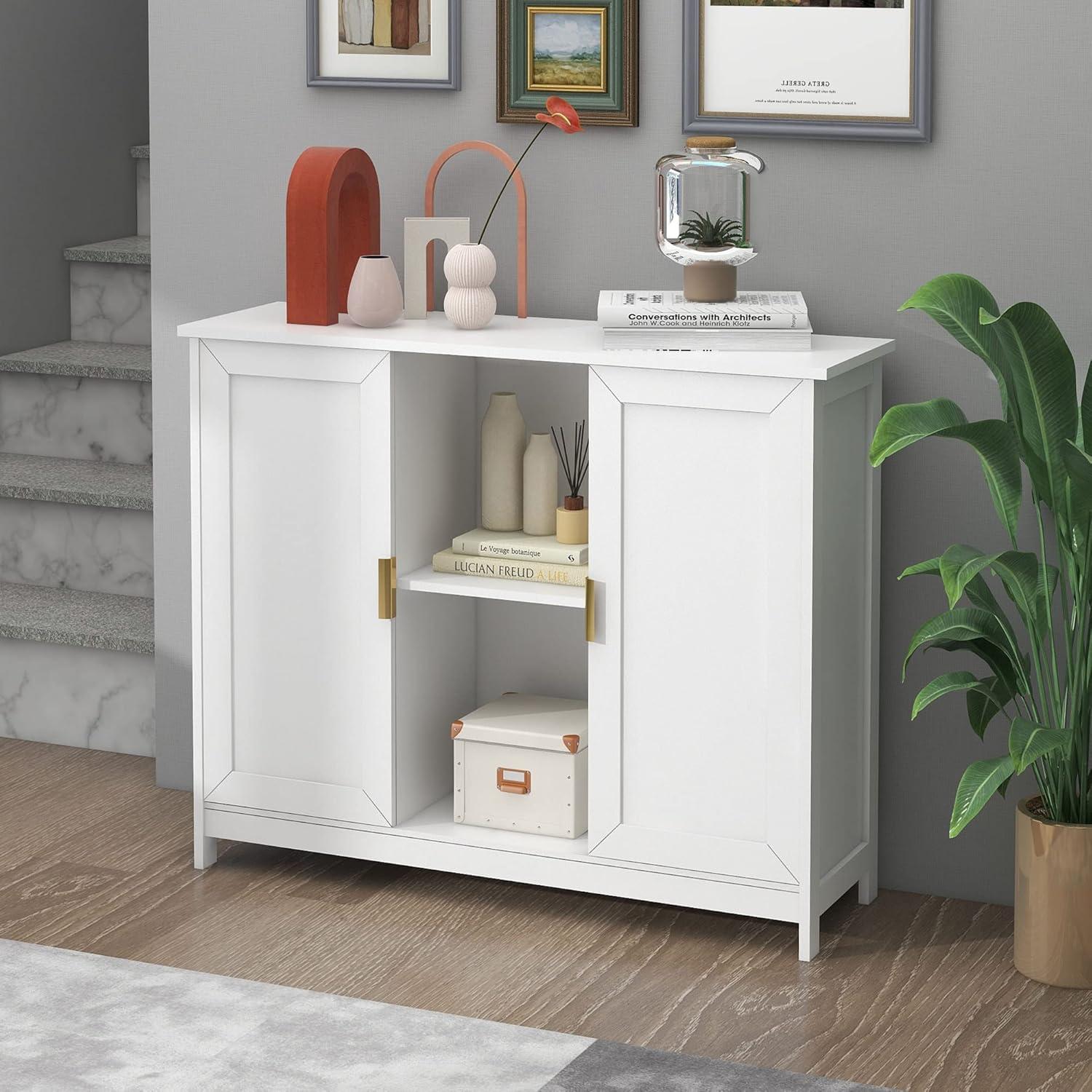 White MDF Storage Cabinet with Gold Handles and Shelves