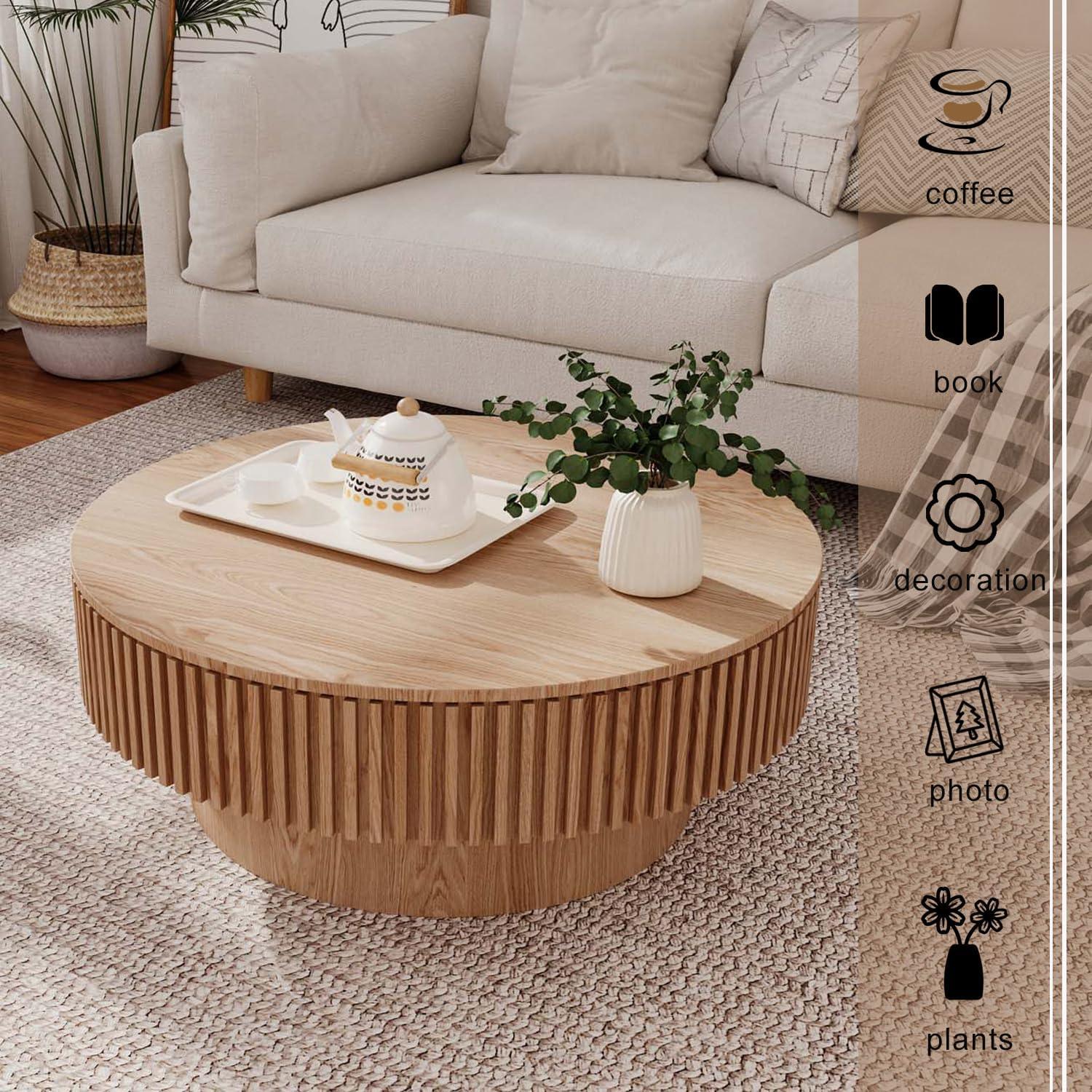 HomVent 31.5'' Round Coffee Table with Storage, Modern Wooden Coffee Table with Solid Wood Veneered, Circle Center Table Accent Tea Table for Living Room, Small Space, Apartment