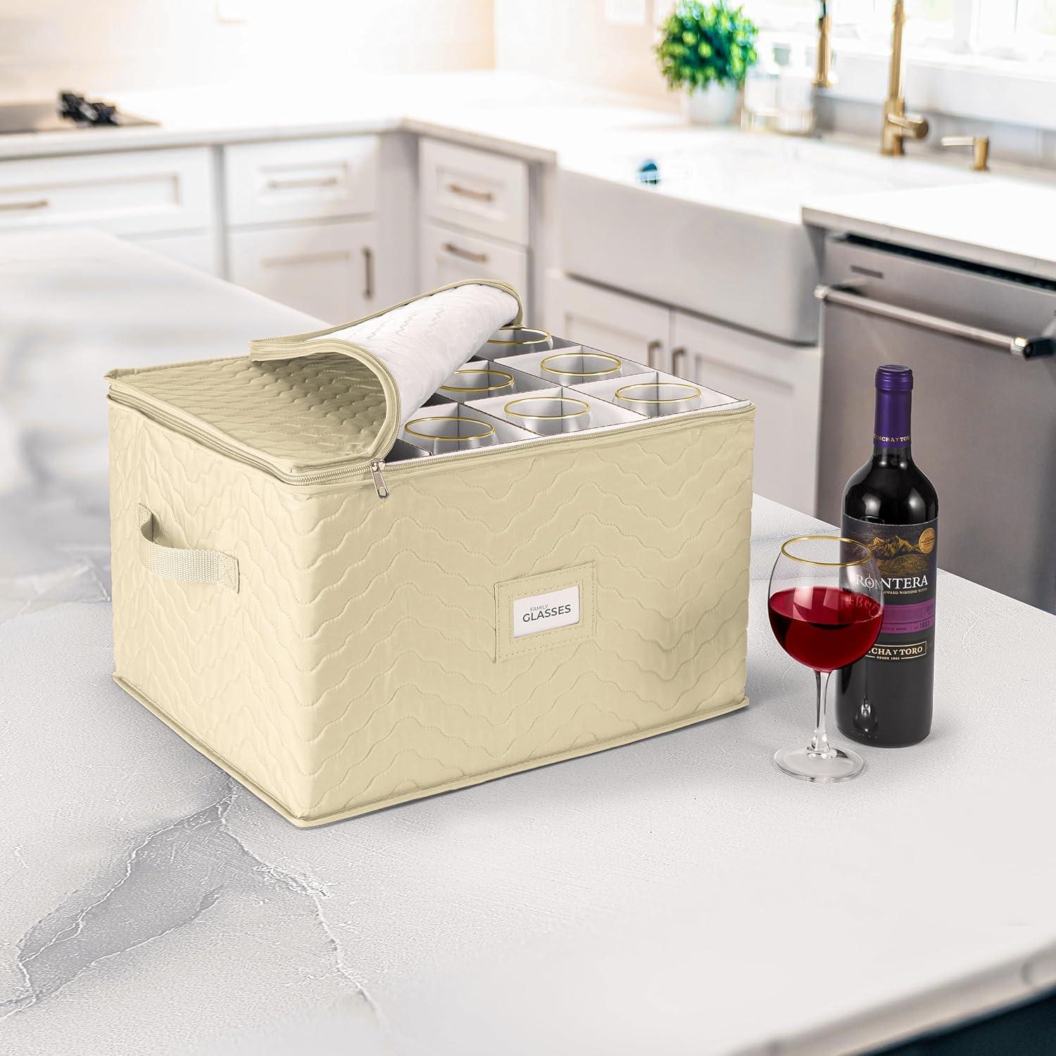 Sorbus Stemware Storage Chest - Deluxe Quilted Case with Dividers - Service for 12 - Great for Protecting or Transporting Wine Glasses, Champagne Flutes, Goblets, and more (Beige)