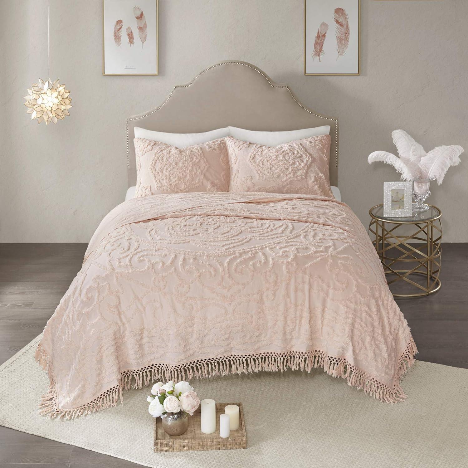 Blush Cotton Chenille Medallion Fringe Coverlet Set