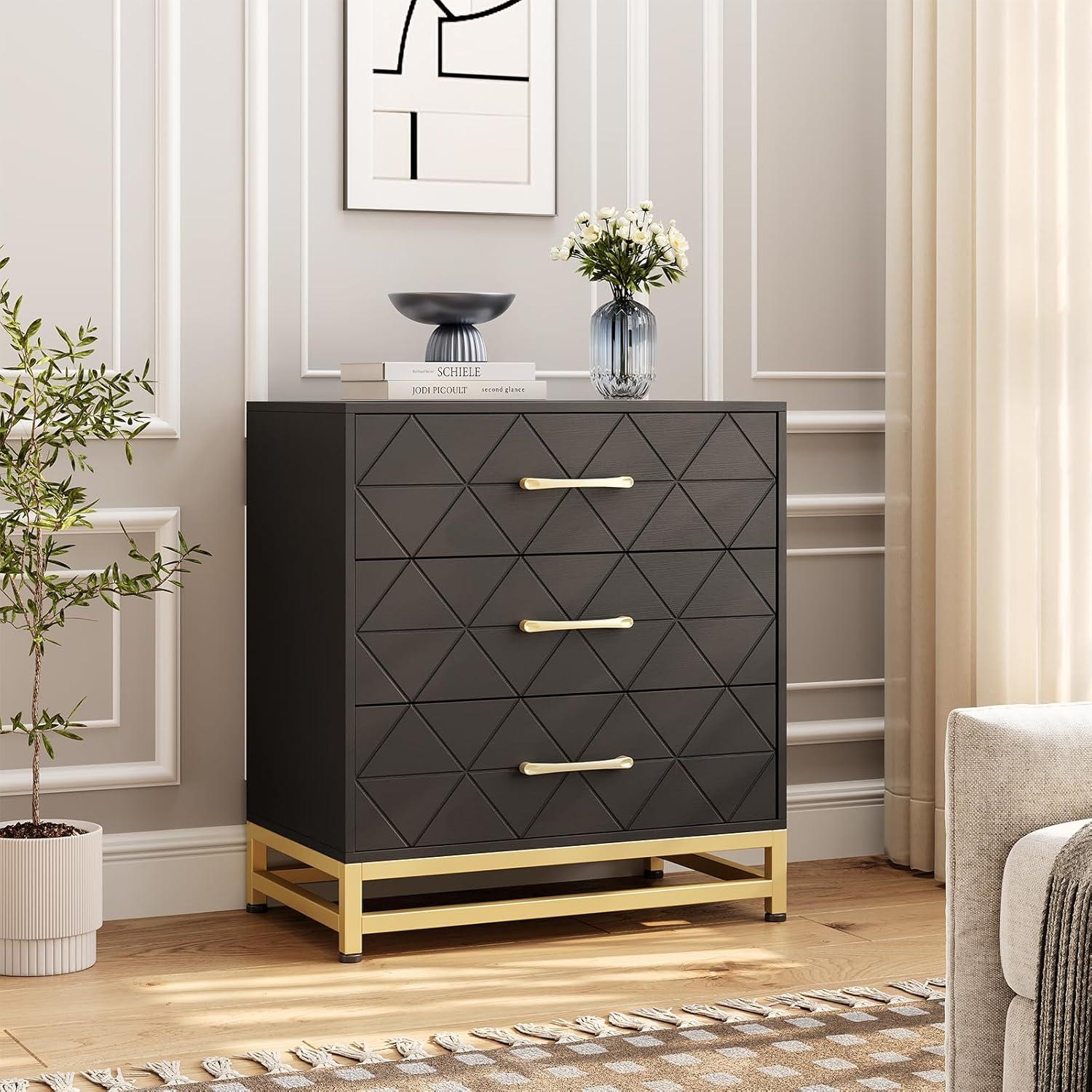 FOLDLIFE 3 Drawer Wood Dresser with Storage, Modern Chest of Drawers for Bedroom or Closet, Stylish Nightstand with Gold Handles