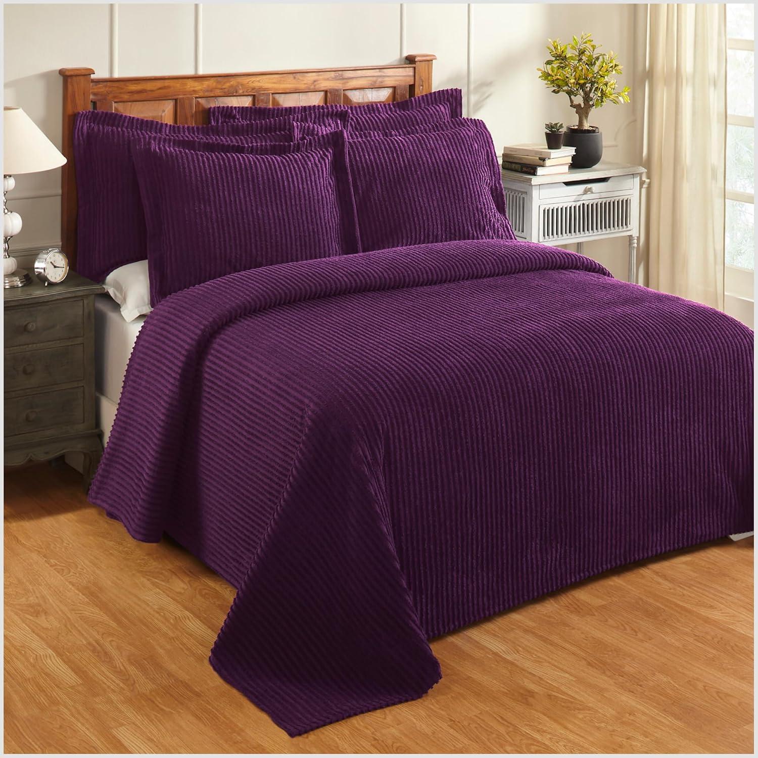 Better Trends 100% Cotton Queen Bedspread – Soft & Cozy Classic Stripe Coverlet, Machine Washable (102" x 110", Plum) Jullian Collection