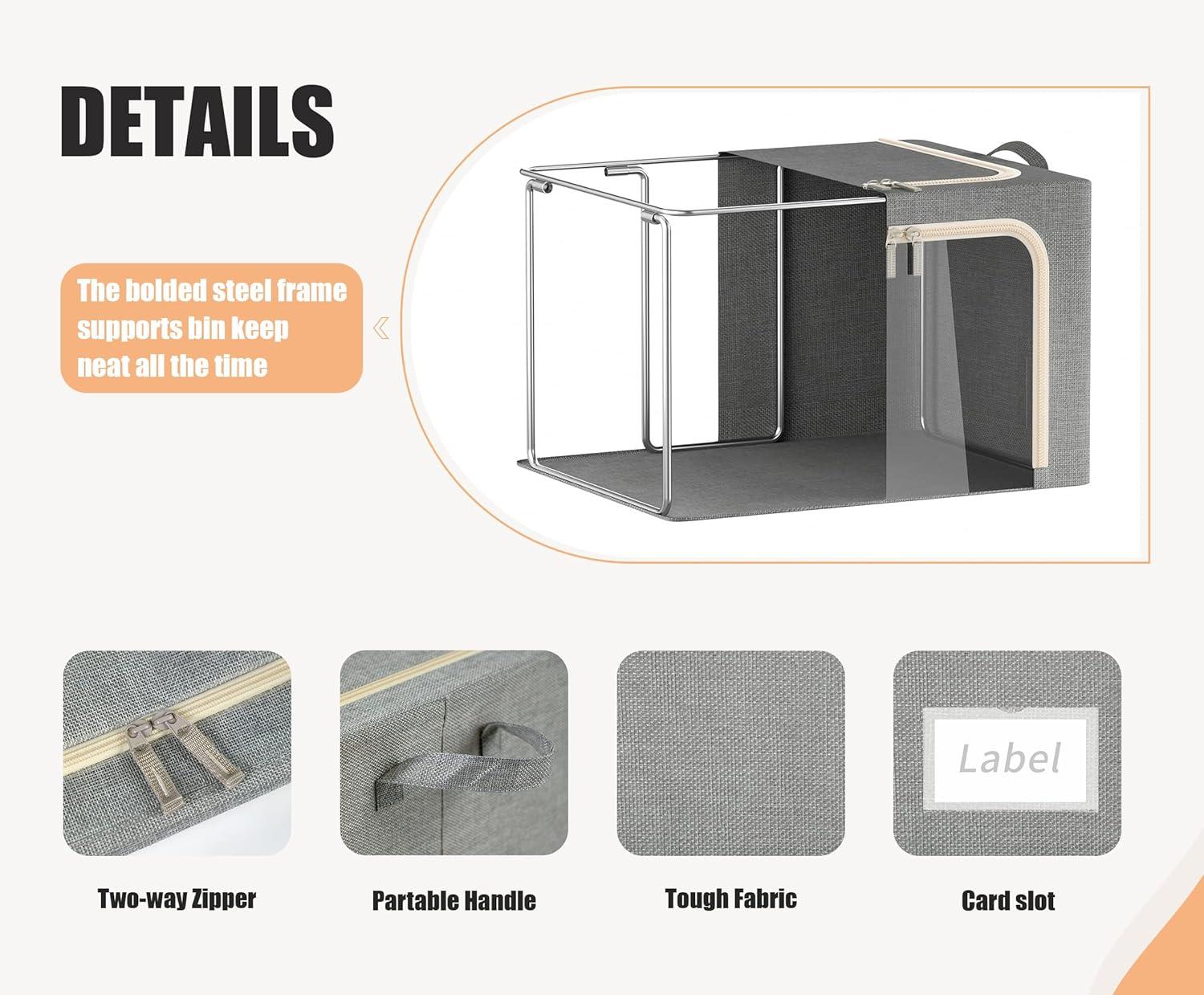 3 Openings Clothes Storage Bins With Metal Frame, Foldable Storage Bin For Clothes, Clothing Storage Bins With Lid, Linen Storage Box With Clear Window& Zippers& Durable Handles.(3 Pcs,Light Grey,40L)