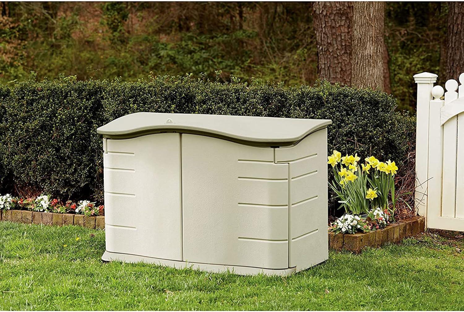 Rubbermaid Horizontal Storage Shed, Olive & Sandstone 58.5"L x 35.8"W x 11.8"H  49.7lbs