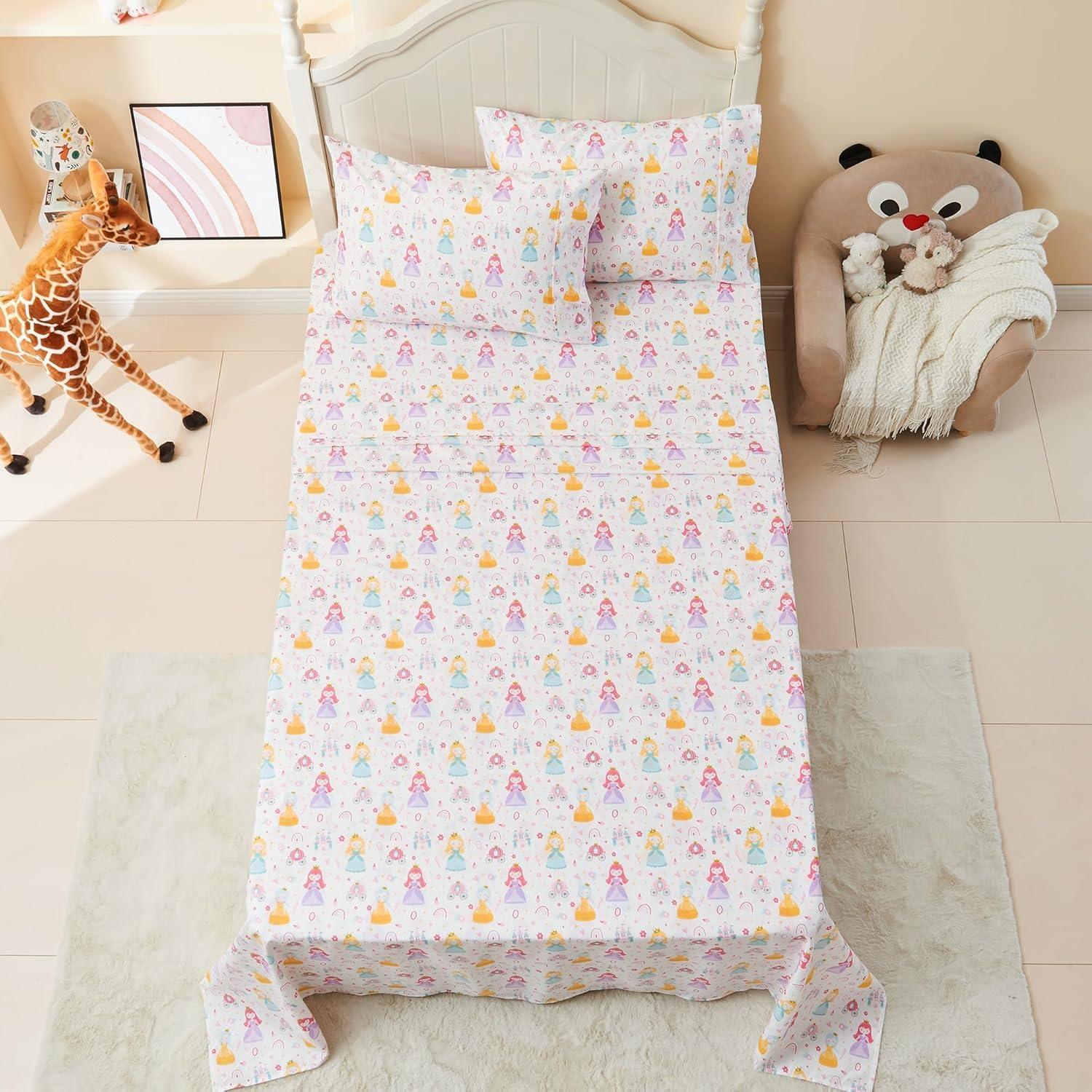 Softan Kids Bed Sheet Set, Girls Twin Size Sheets, Microfiber Fitted Sheet and Pillowcase, Breathable and Silky Soft, 3 Piece Castle Princess Printed Twin Bed Sheet