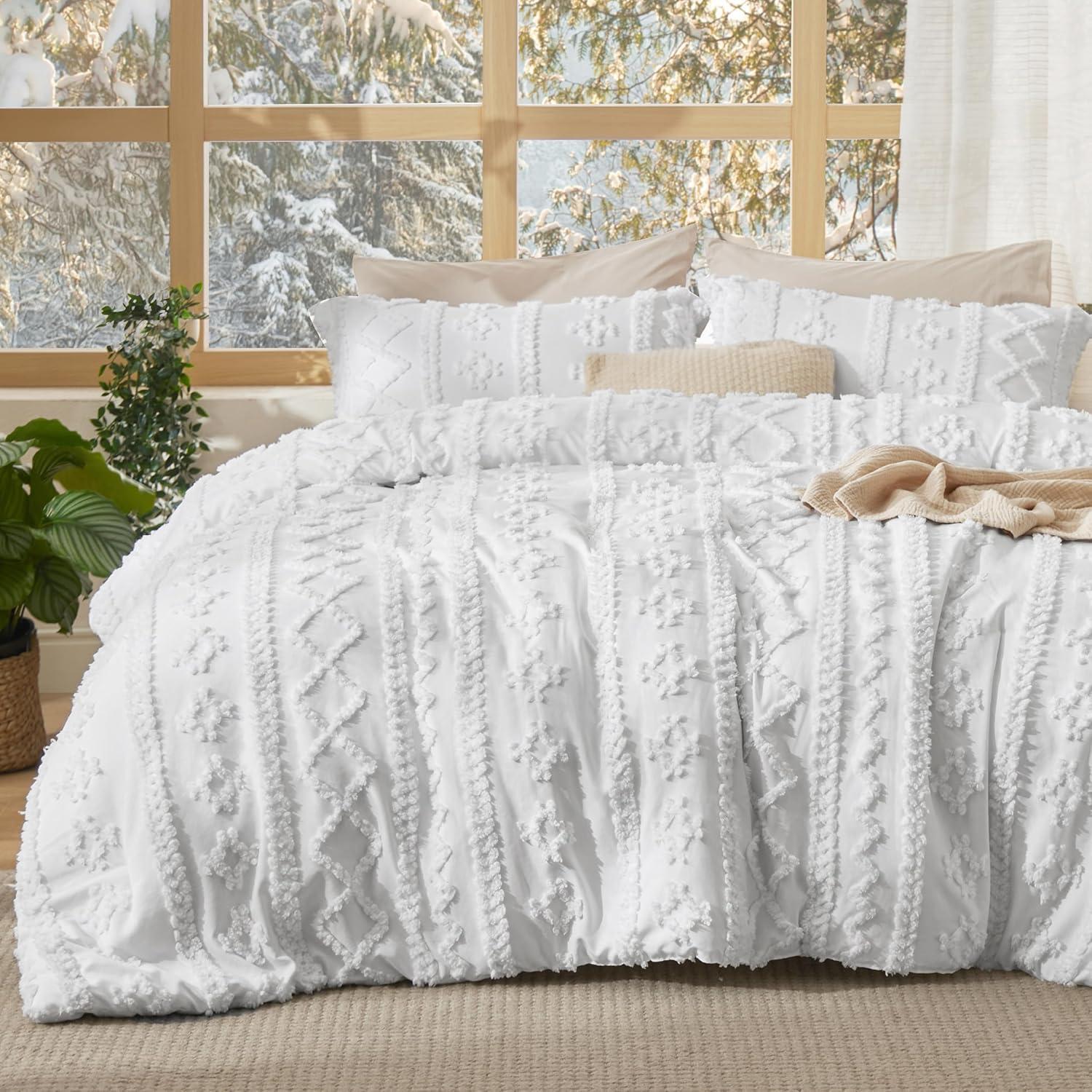 King Size White Tufted Boho Embroidery Comforter Set