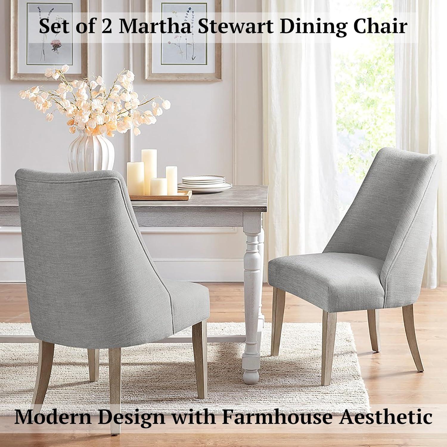 Martha Stewart Winfield Upholstered Dining Chairs – Curved Back, Distressed Wood Legs, Farmhouse Style