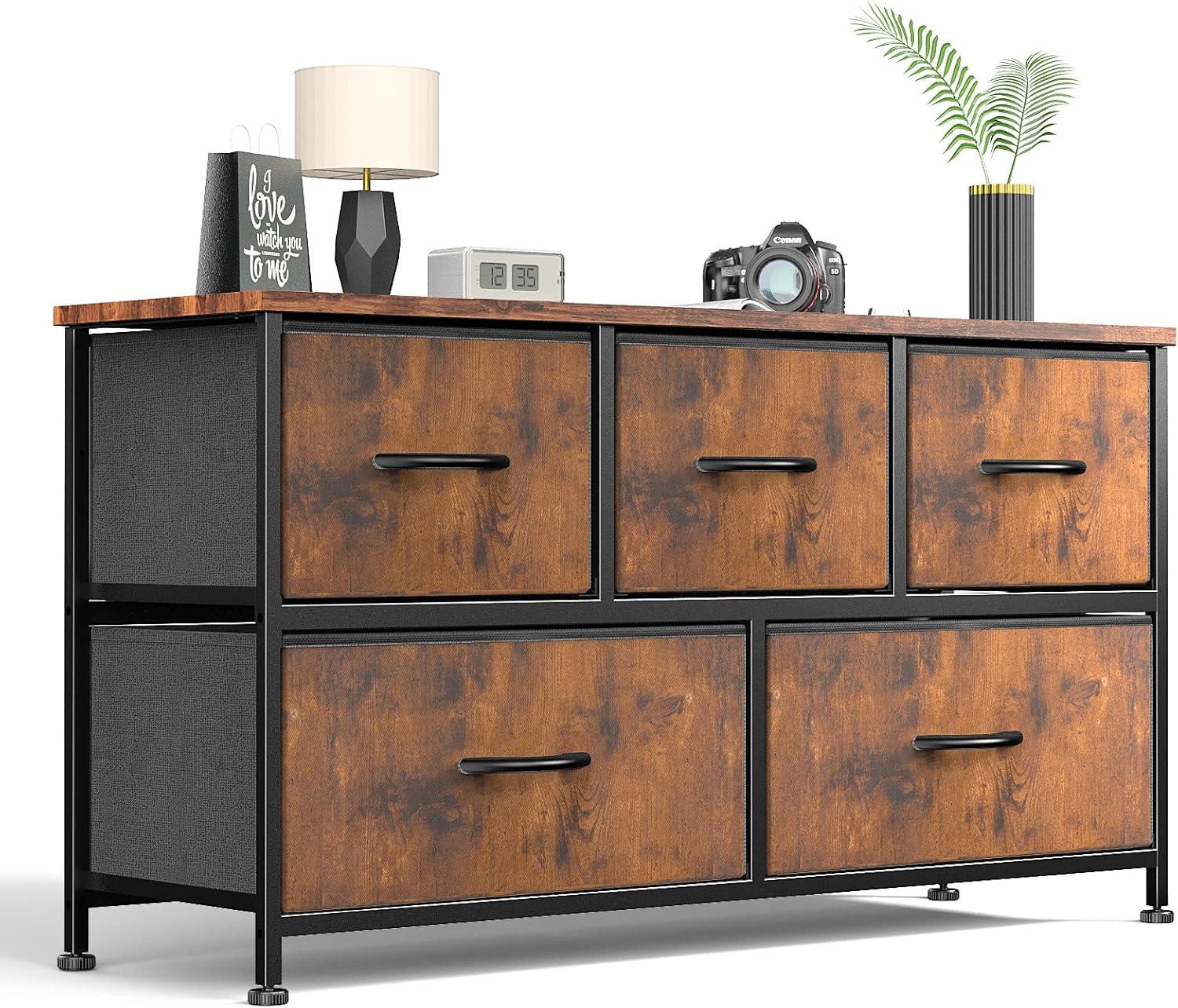 Dresser for Bedroom 5 Fabric Drawers Dresser Clothes Cabinet Storage Organizers and Wood Top Surface Table for TV, Chest of Drawers for Bedroom, Living Room, Hallway, Porch Organization