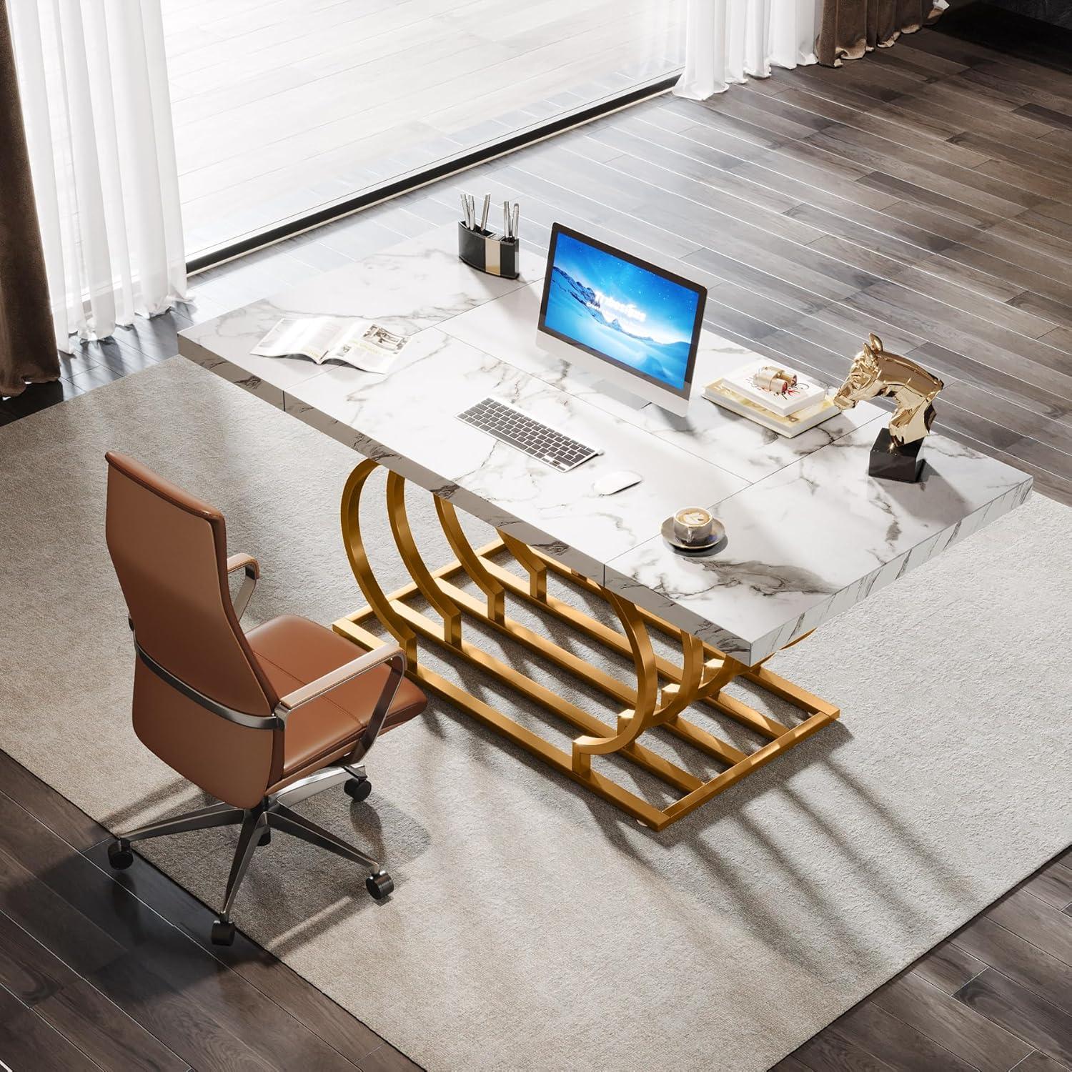 Tribesigns 63 inch Modern Office Desk, Large Executive Desk Computer Desk with Gold Metal Frame, White & Gold