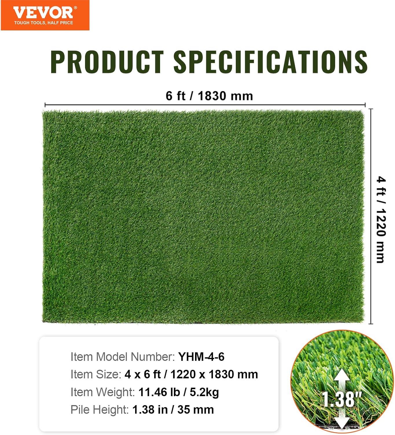 VEVOR Artifical Grass Turf, 4 x 6 ft Thick Grass Rug Indoor Outdoor, 1.38" Realistic Synthetic Grass Mat with Drainage Holes, Perfect for Patio Garden Lawn Home Backyard Dog Mats