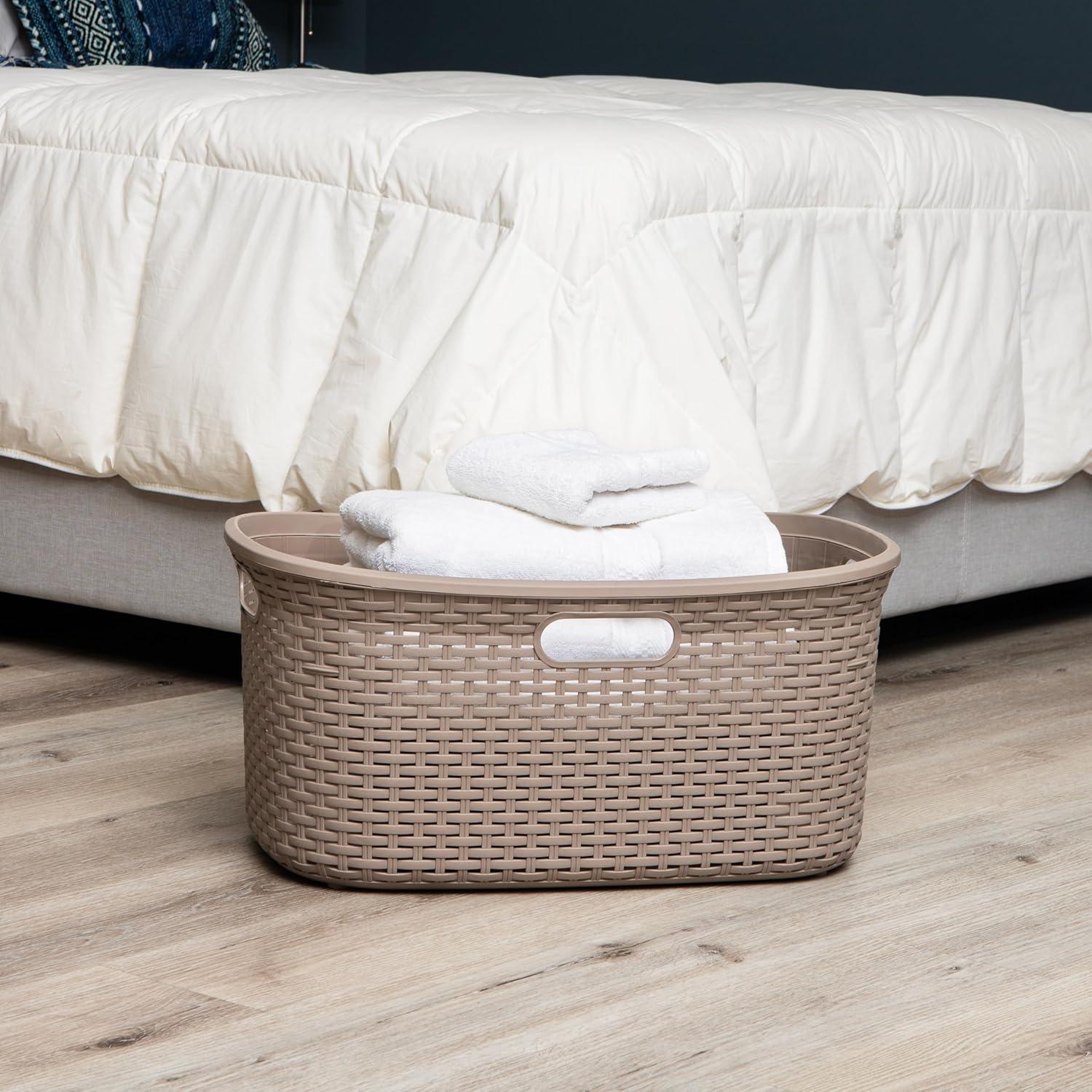 Mind Reader 40L Laundry Basket, Clothes Hamper, Lid, Wicker Design, Plastic, 23"L x 14.5"W x 11"H, Set of 2, Tan