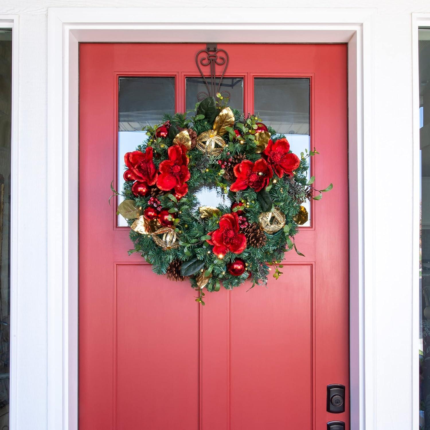 Village Lighting 30 in. Pre-Lit LED Wreath - Red Magnolia