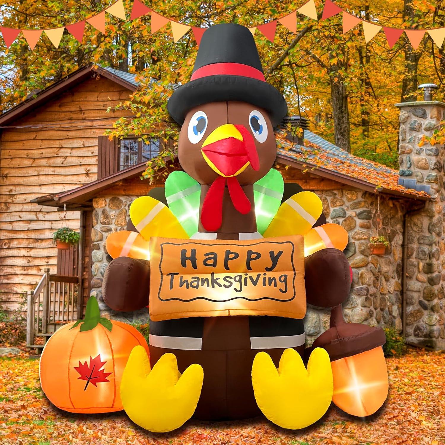 6FT LED Lighted Thanksgiving Turkey Inflatable with Banner