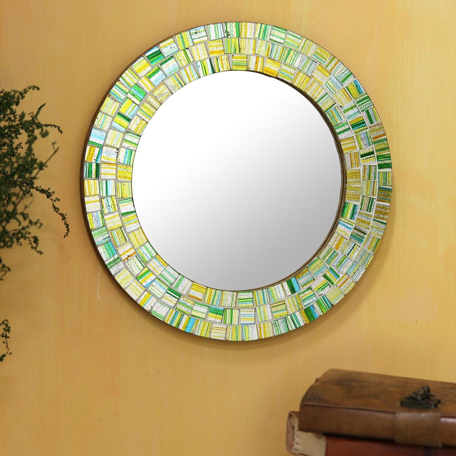 Aqua Trellis Round Wood Framed Mosaic Wall Mirror