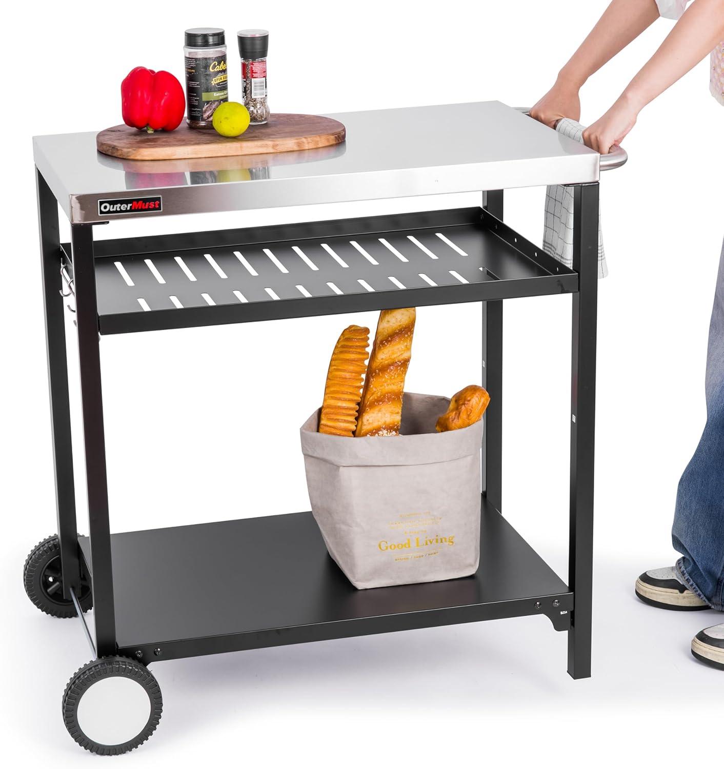 Silver and Black Steel Outdoor Grill Cart with Shelves