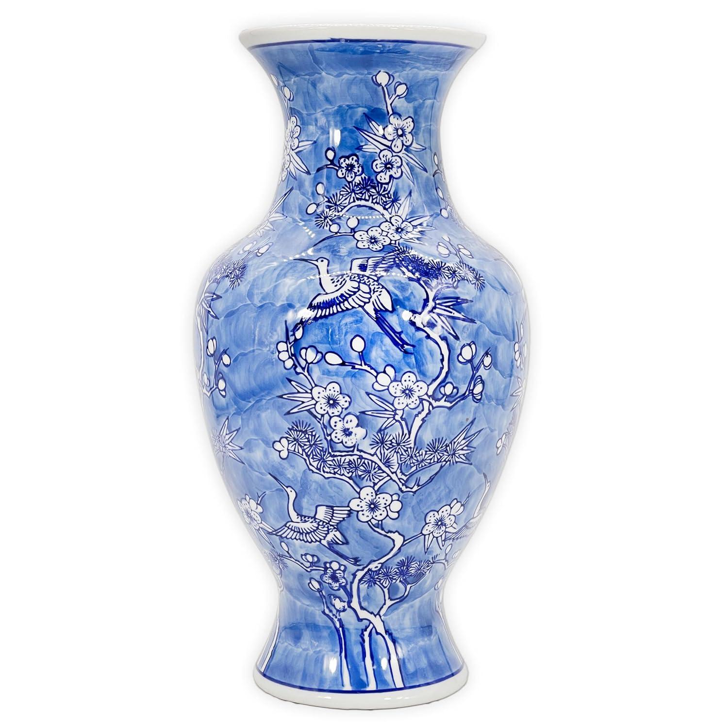 Dark Blue Floral Chinoiserie Ceramic Vase with White Accents