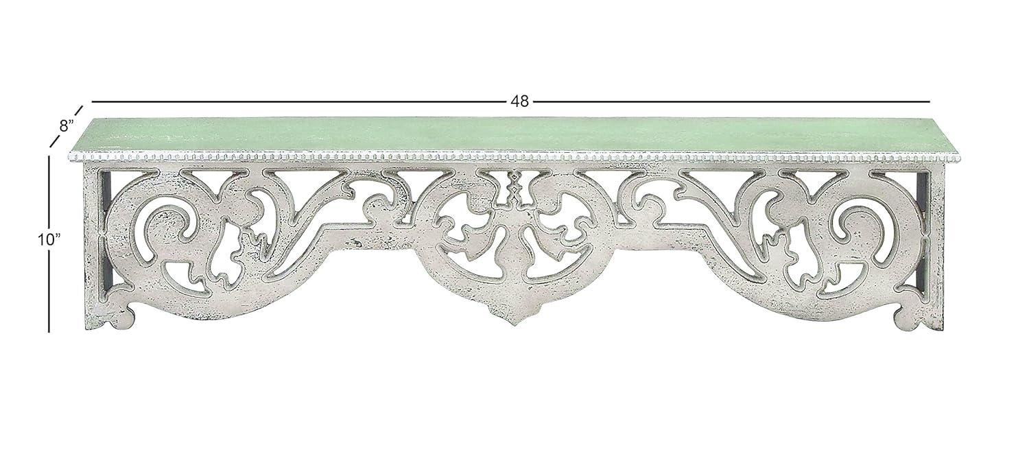 DecMode 48" x 8" 1-Tier Beige Scroll Wall Shelf with Gray Distressing